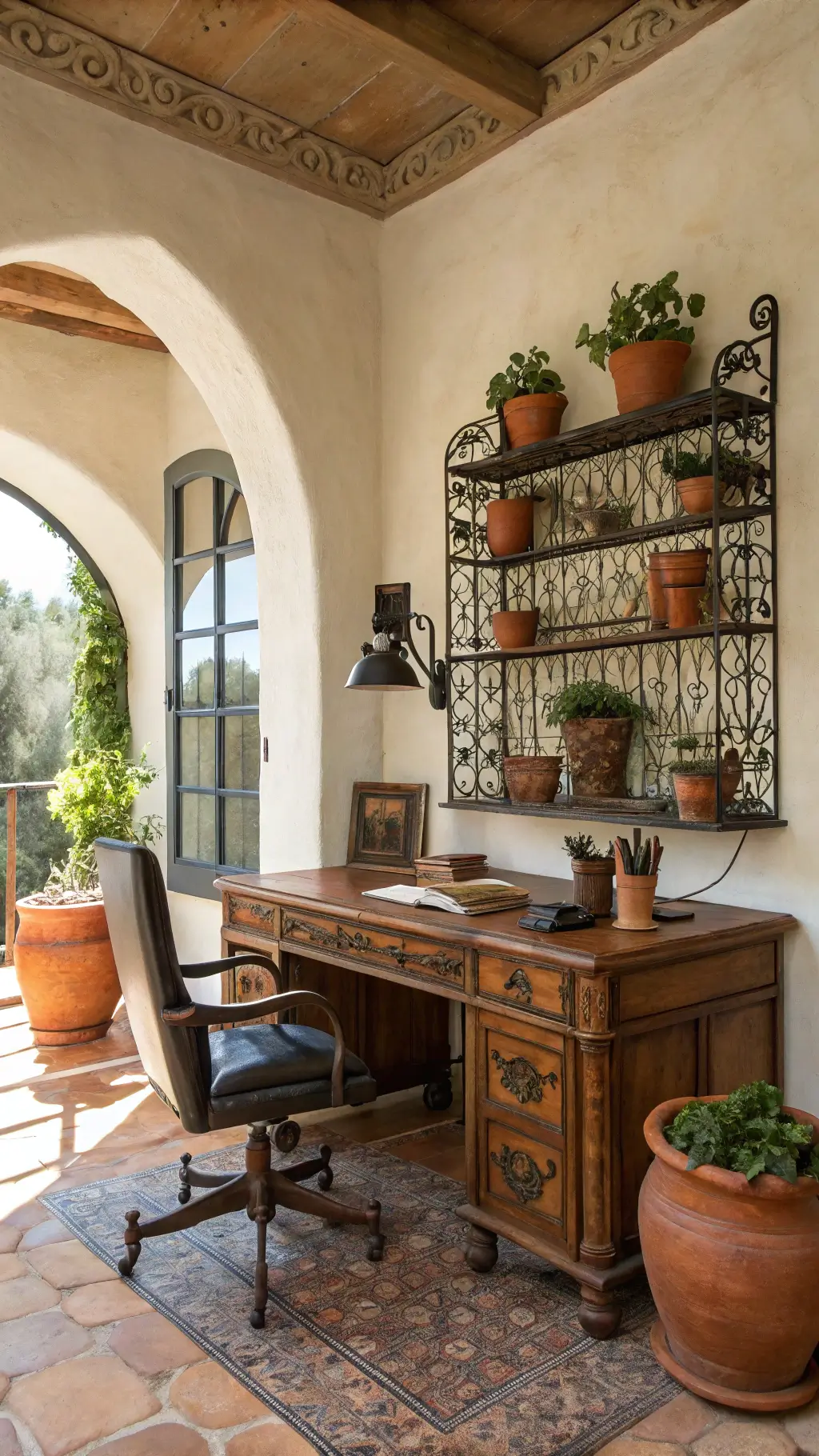 Mediterranean-inspired workspace with arched wooden elements, leather accents, terracotta pots, herbs, wrought iron, textured plaster, vintage tiles, and earth tone ceramics