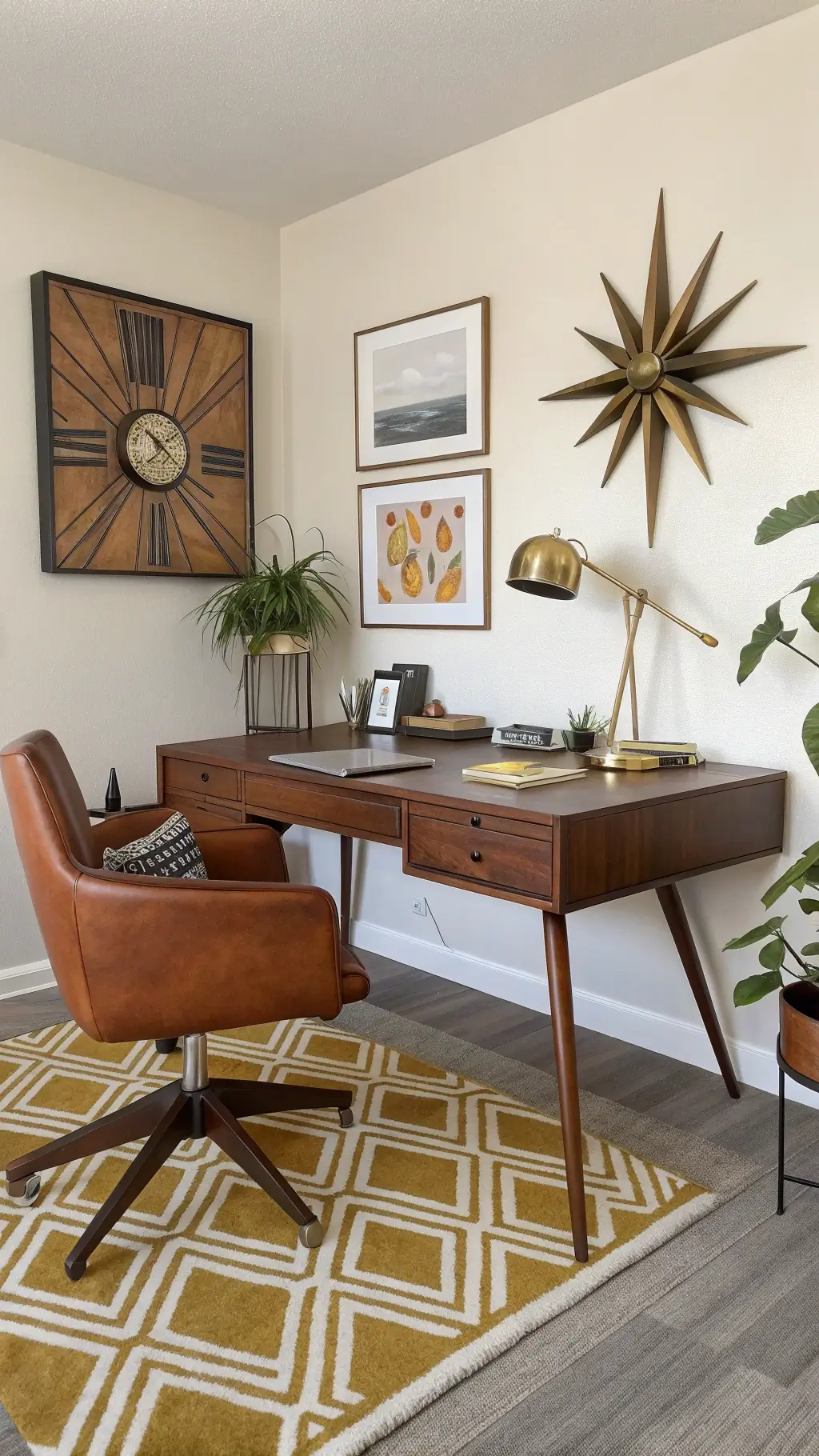 Mid-century modern office with walnut desk, leather and chrome chair, starburst clock, abstract art, brass table lamp, and planters featuring rich woods, cognac leather, mustard accents, and geometric rug