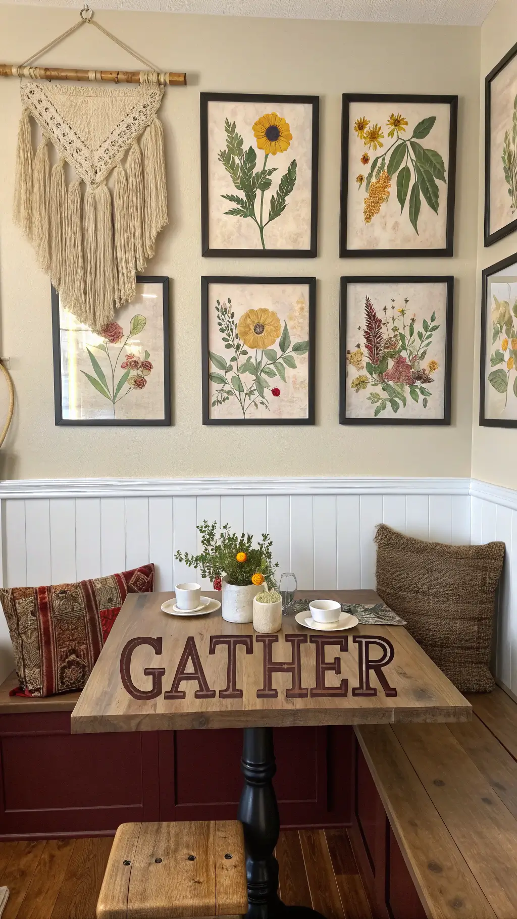 Bright breakfast nook at dawn featuring vintage botanical prints, a handwoven macramé wall hanging, and weathered sign with deep burgundy, golden yellow, warm cream color palette.