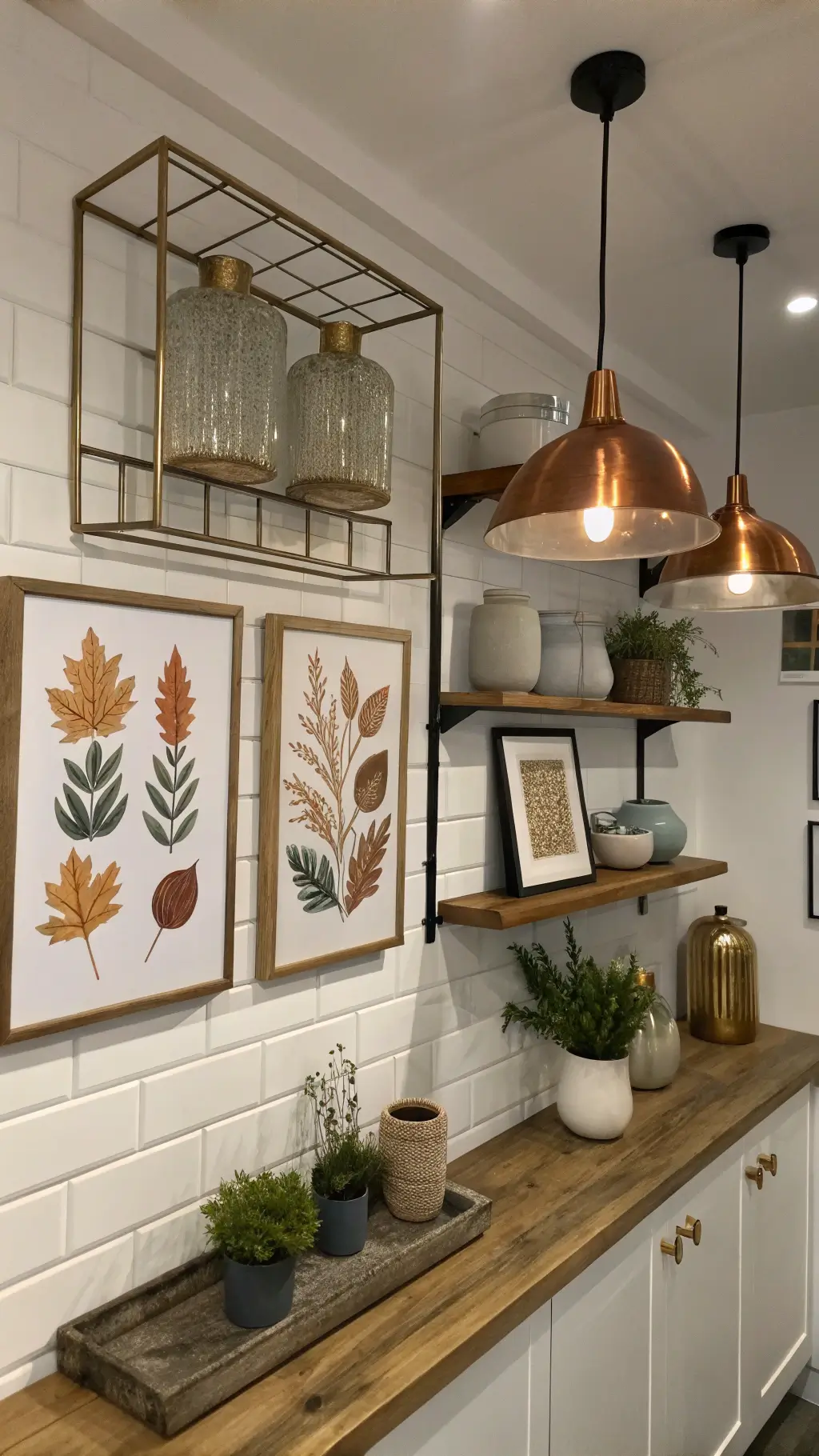 Modern white kitchen with blue-hour lighting featuring metallic geometric frames, fall botanical prints, reclaimed wood shelf, ceramic vases, and autumn foliage industrial pendant.