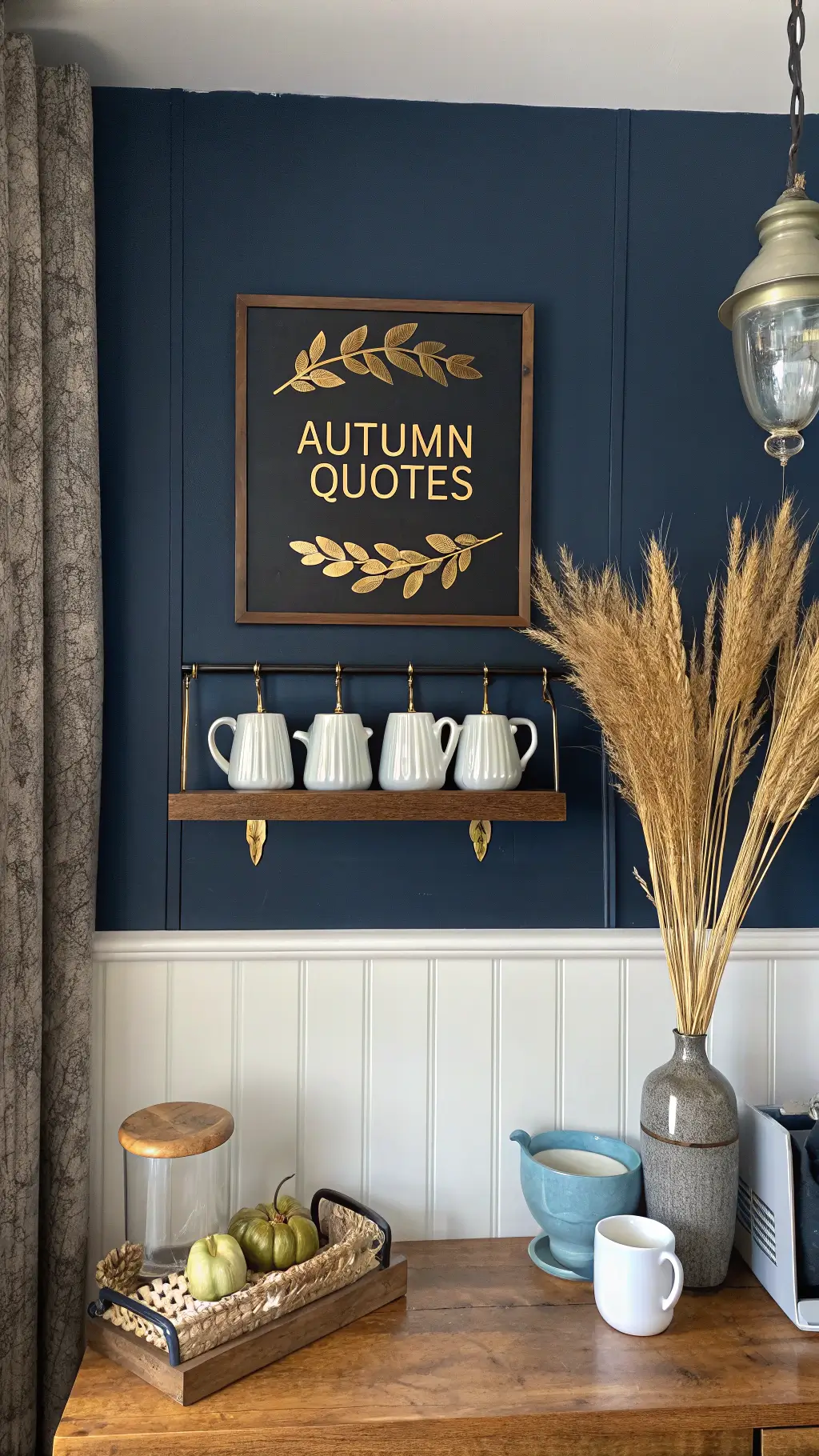 Cozy morning coffee station with vintage typography art on navy blue wall, ceramic planters, eucalyptus and wheat stems, rich textures of velvet and aged metal.