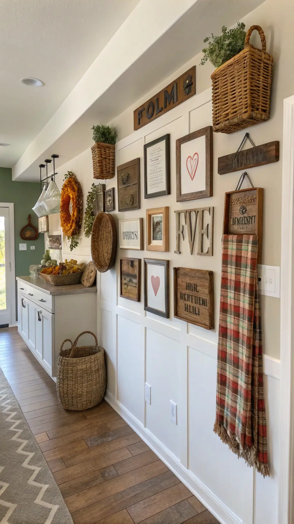 Midday shot of rustic kitchen entryway feature wall with wooden signs, woven baskets, and plaid fabric canvases in forest green, rust orange, warm beige tones.
