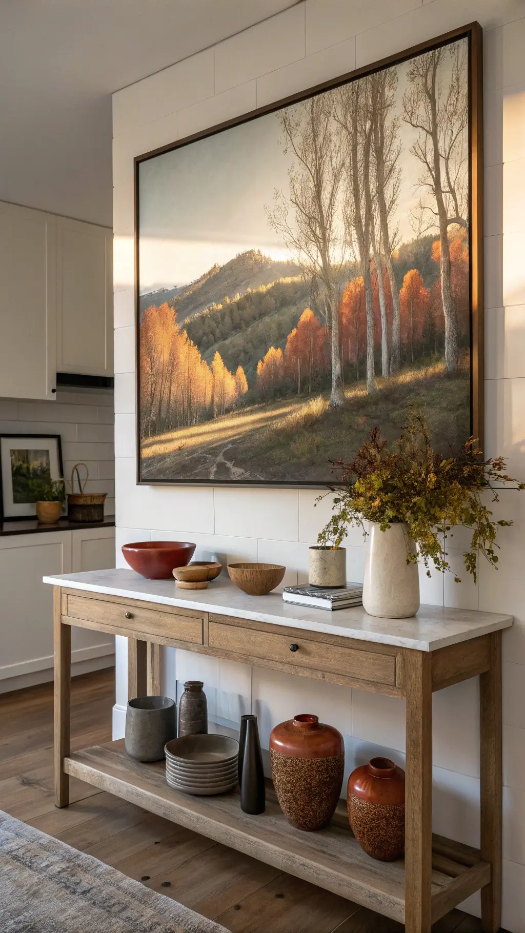Modern minimalist kitchen with abstract fall landscape on the wall, styled ceramic vessels, console table during golden hour emphasizing texture and form, color scheme includes terracotta, sage, warm whites.