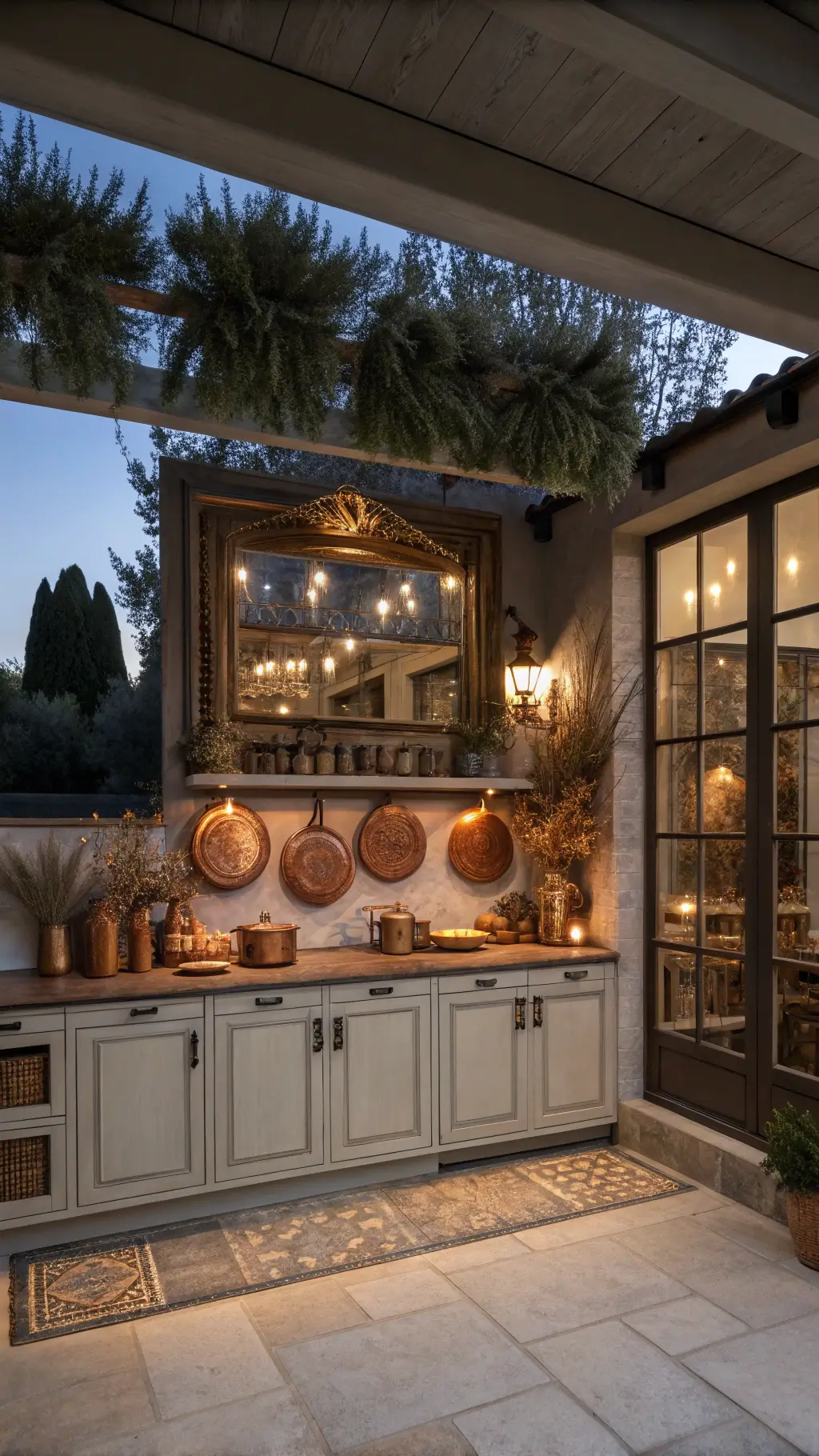 Dusk photo of open-concept kitchen with large antique mirror on statement wall, copper cookware, dried botanicals, warm under-cabinet lighting.
