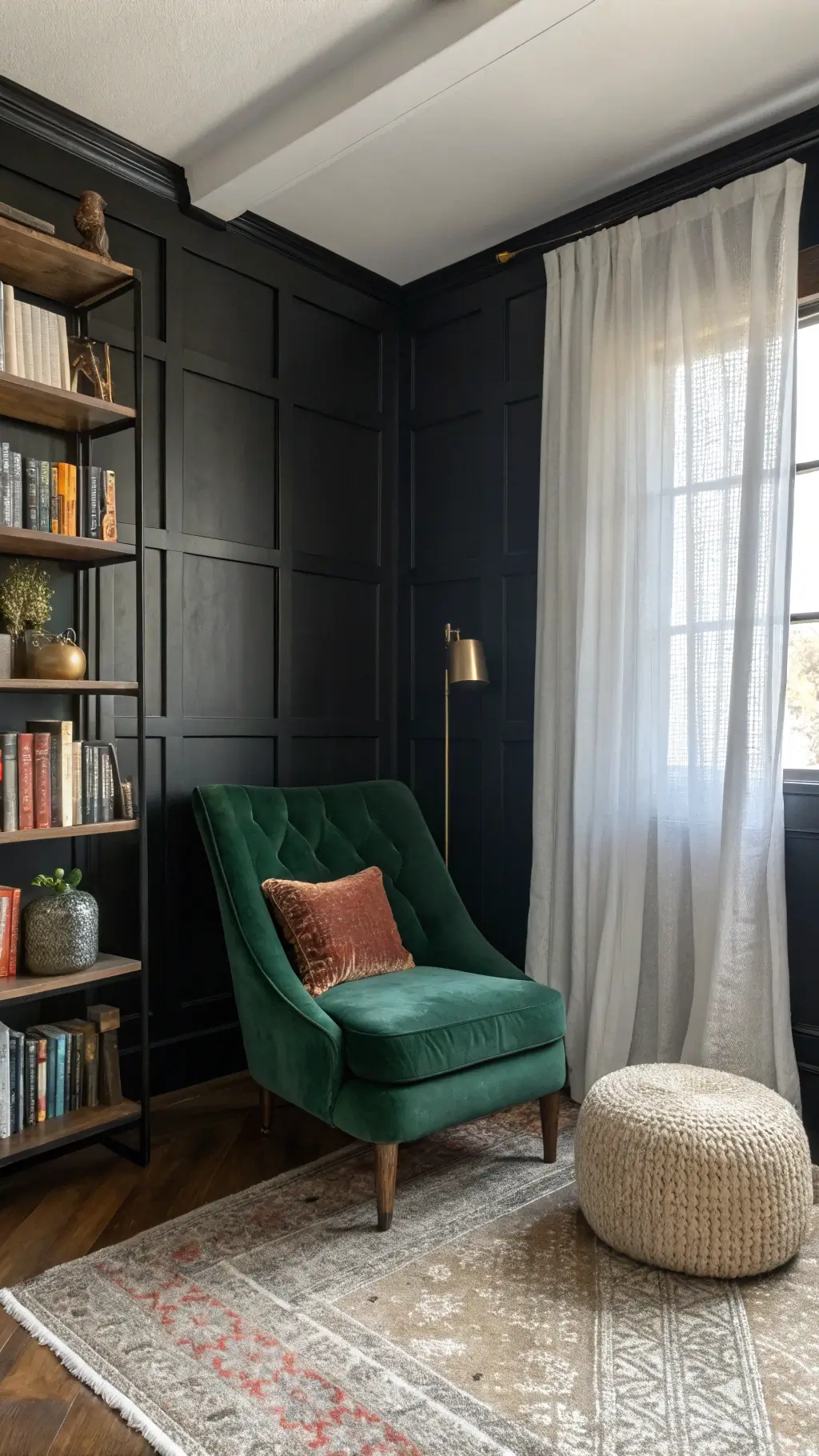 Cozy living room with black accent wall and warm wood tones