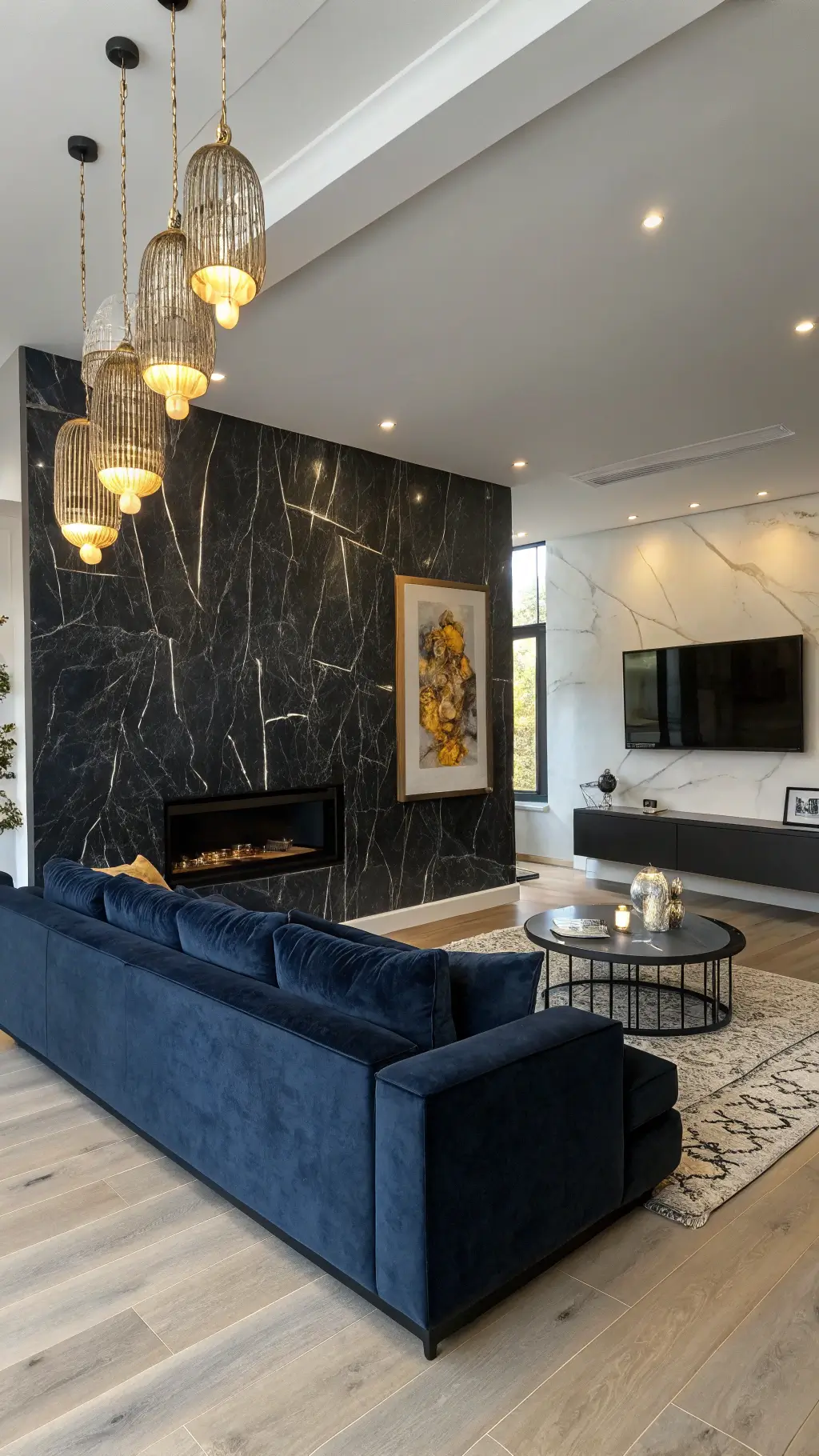 Living room illuminated with layered lighting highlighting black accent wall