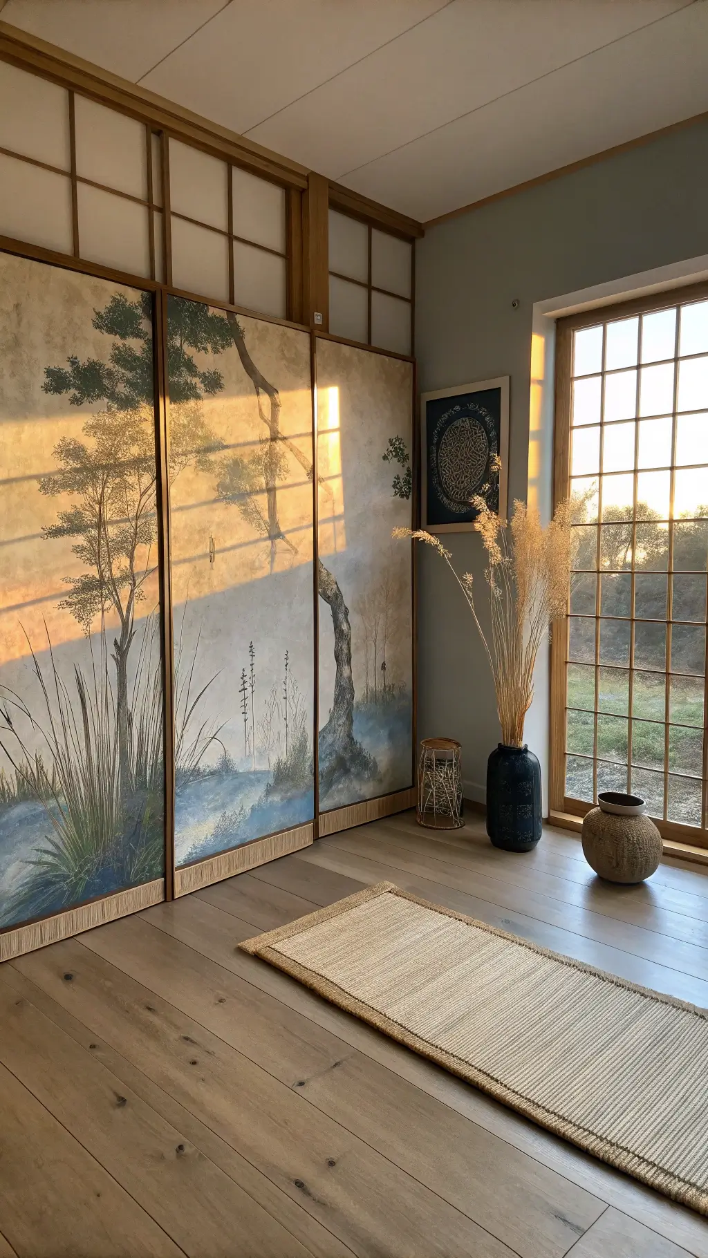 Meditation room at dawn with shoji screens, Wabi-Sabi painting in blues and beige, with a simple bamboo mat, ceramic vase with wild grasses, shot from a low angle with soft focus on background elements.