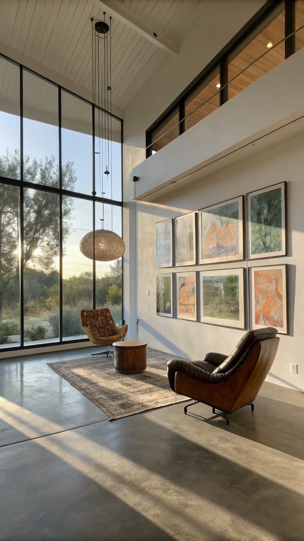 Modern minimalist living room featuring terracotta, sage, and cream Wabi-Sabi paintings, vintage leather chair and pendant light with afternoon shadows on concrete floor