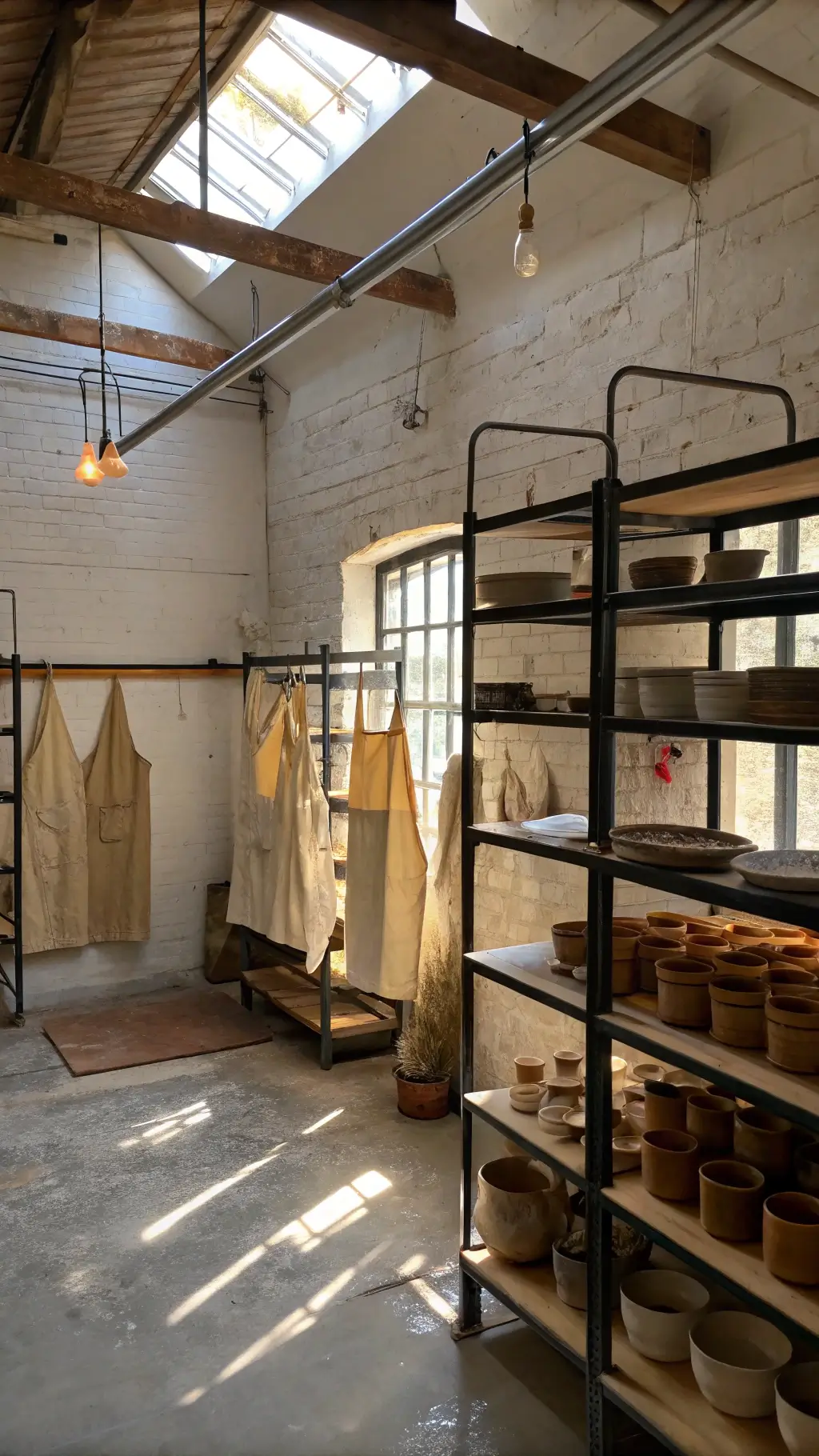 Morning sunlight illuminating a rustic pottery studio with whitewashed walls, cement floors, drying Wabi-Sabi paintings on metal racks, texture experiments displayed on shelves, and clay-stained aprons on vintage hooks.