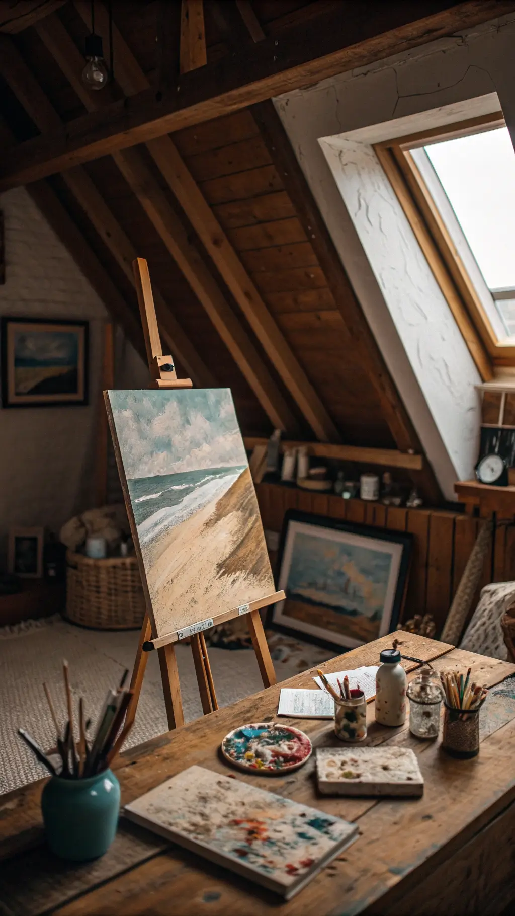 Overhead view of cozy artist's nook in converted attic, exposed beams, painting session in progress on canvas with sand-mixed paint, surrounded by natural objects and handmade tools under moody overcast light from dormer window.