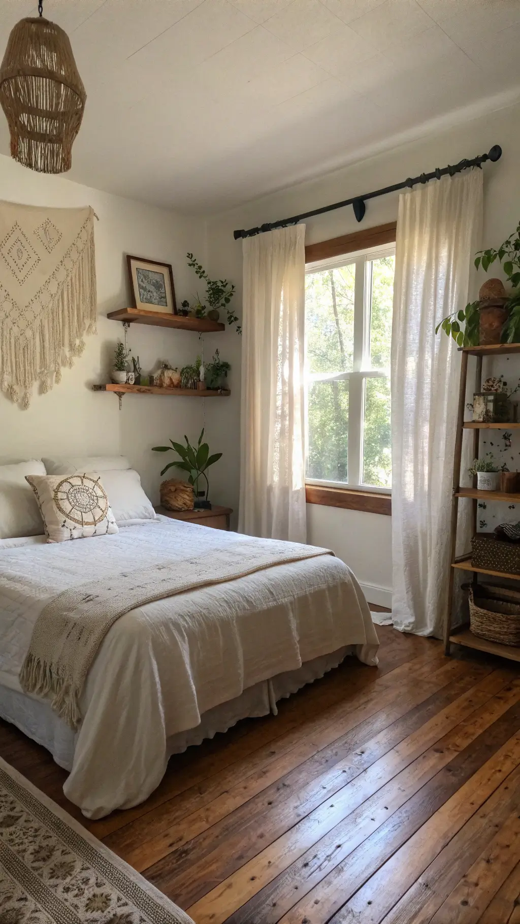 Bohemian bedroom retreat featuring hardwood floors, diffused afternoon light through gauzy curtains, Wabi-Sabi art above unmade linen bedding, and floating shelves with natural objects.