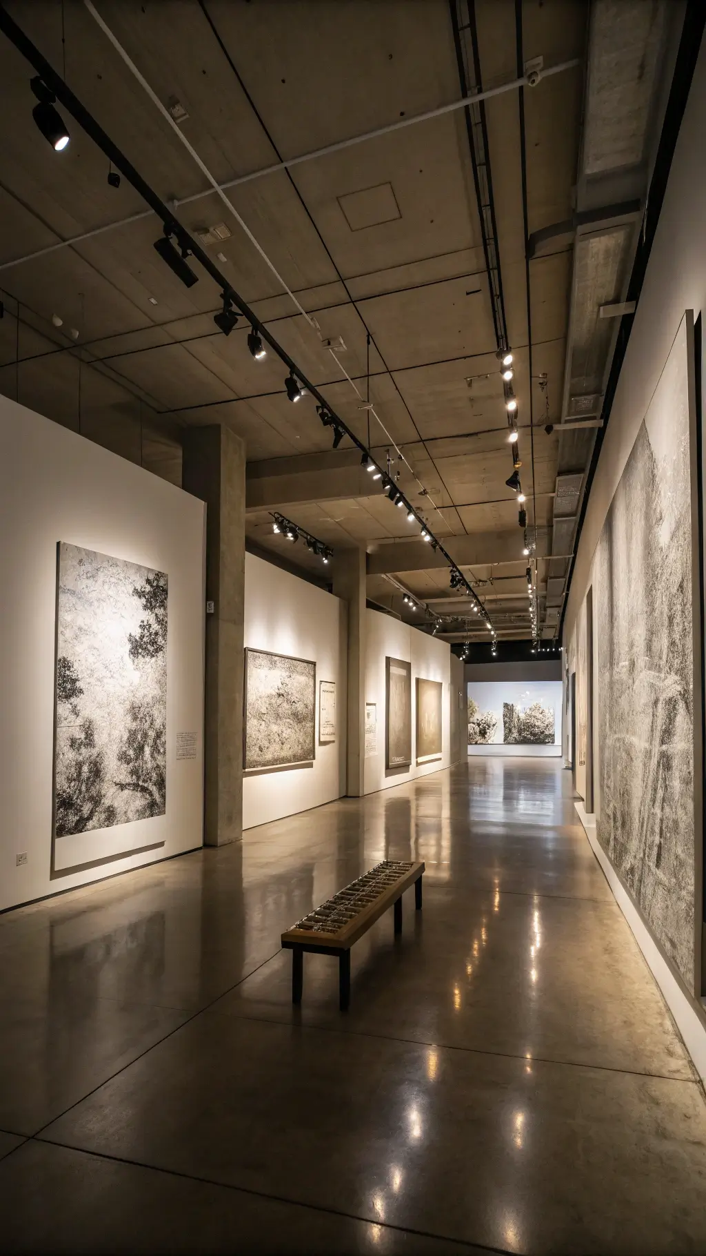 Large contemporary gallery space illuminated by dramatic evening track lighting, featuring Wabi-Sabi artwork on floating walls and minimal furniture with a single bench at center.