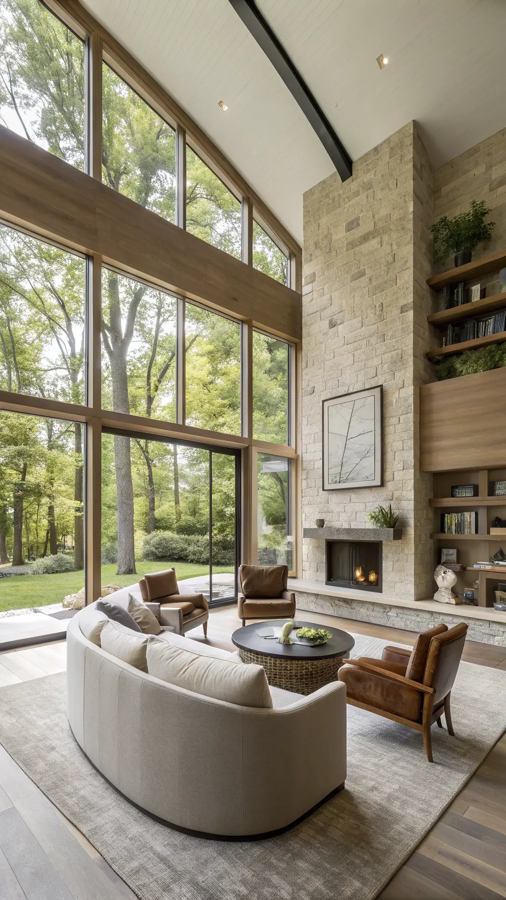 Modern living room with natural light and earthy tones