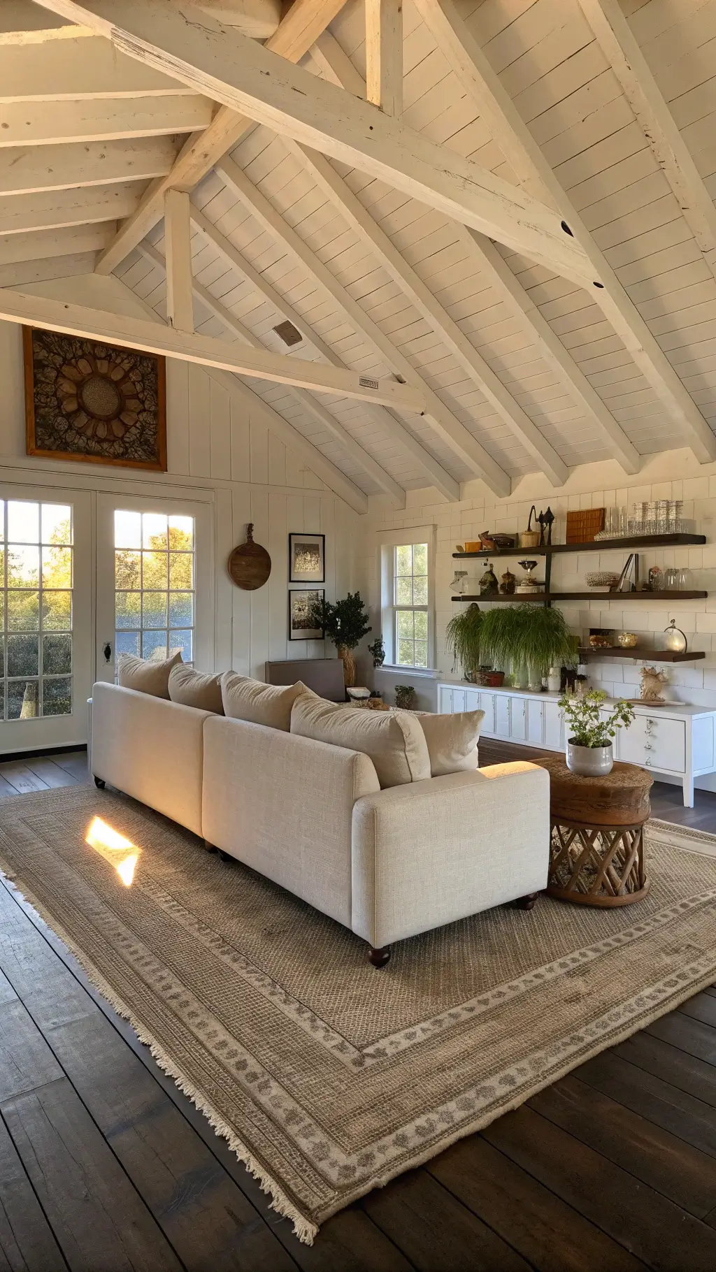 Rustic-modern living room with layered textures and warm lighting