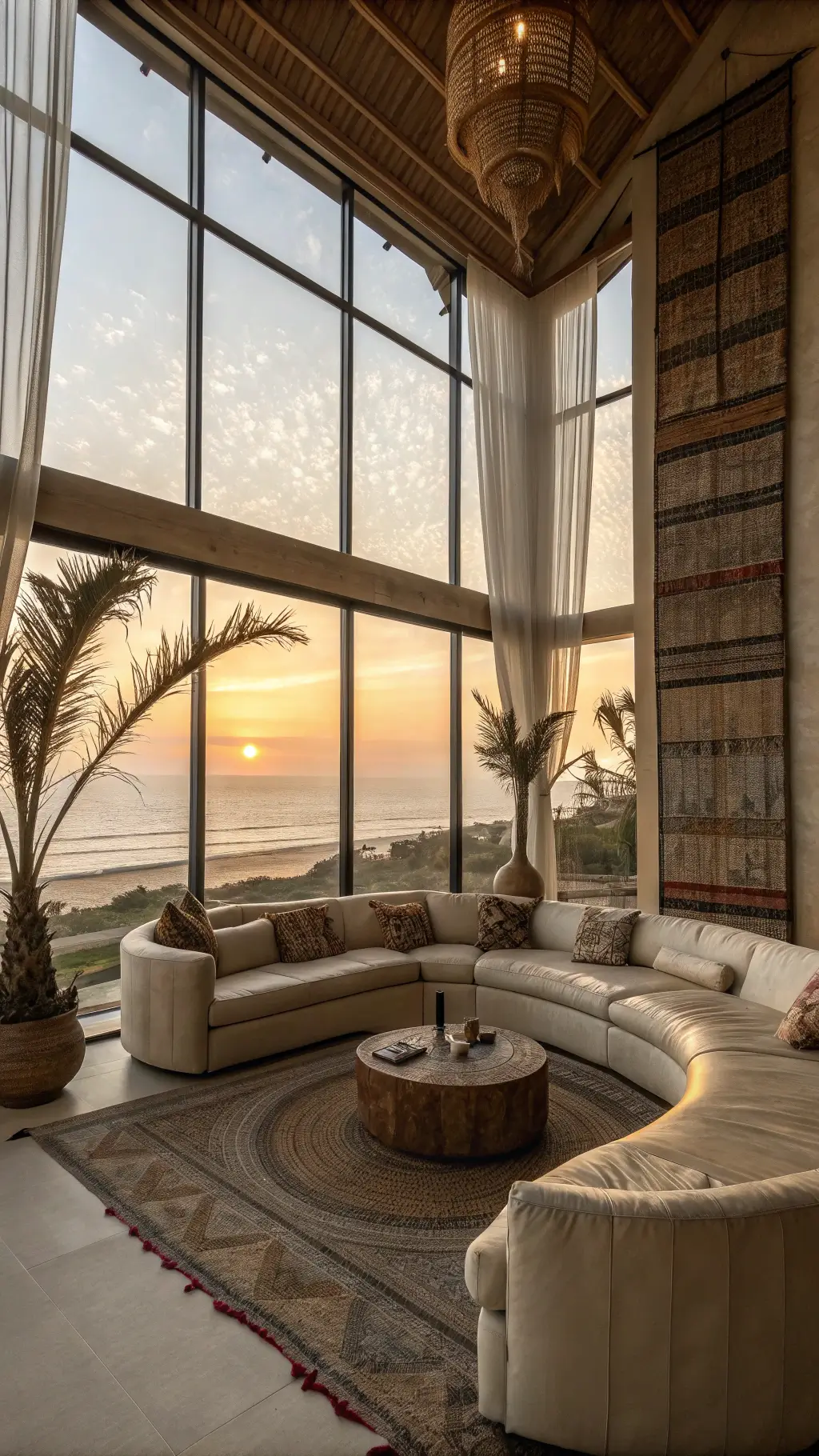 Spacious living room with natural leather sectional and vintage rugs