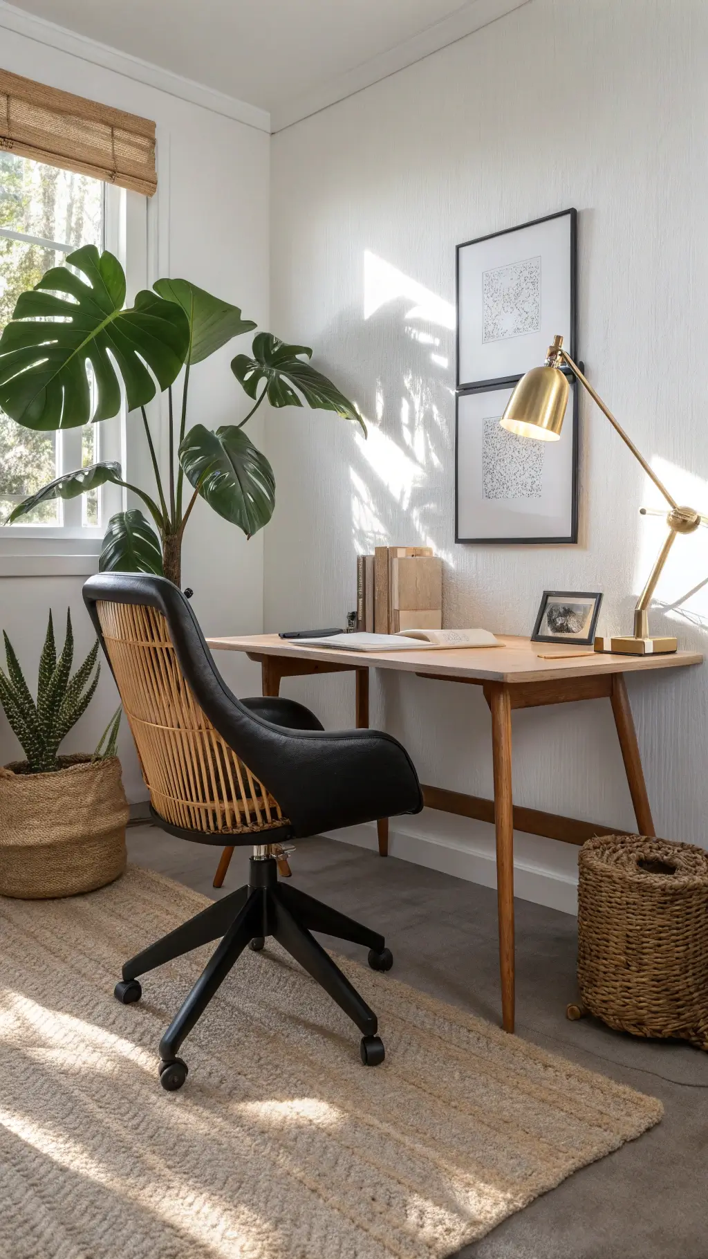 Home office with black Japandi desk chair, blonde wood, brass lamp, and sisal carpet