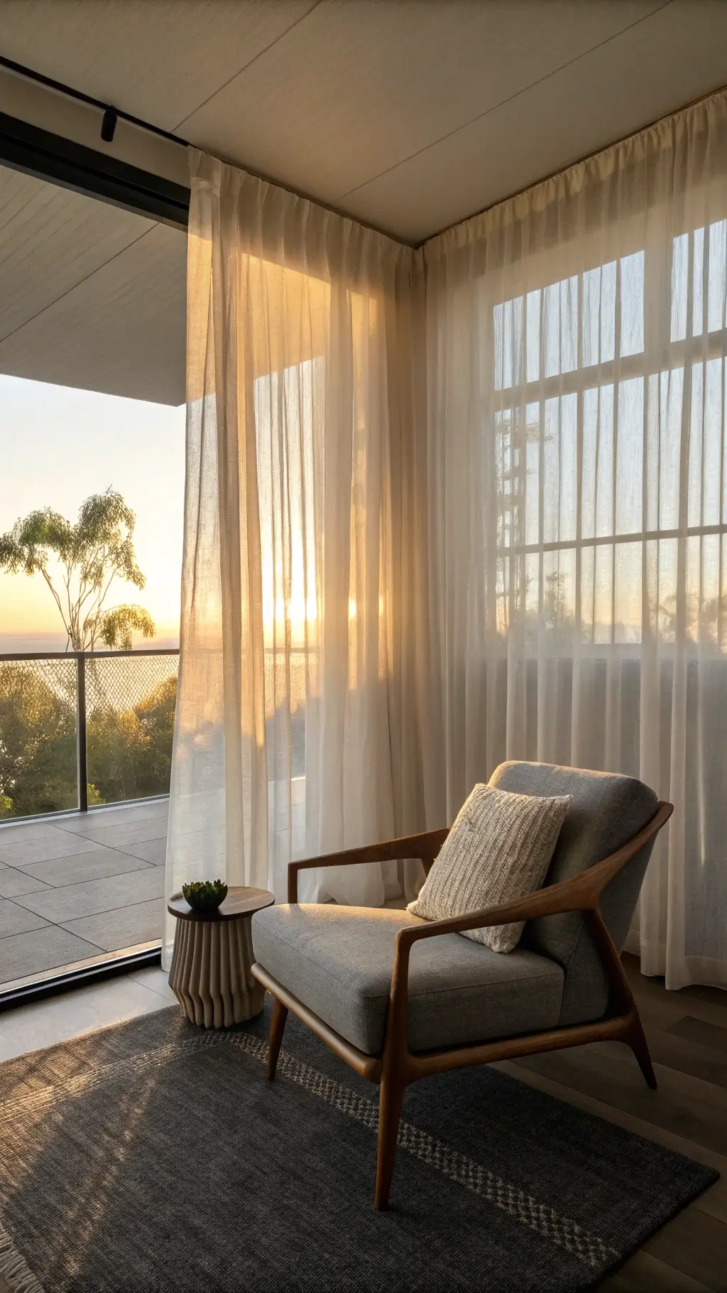Low-profile Japandi lounge chair in modern living room with golden afternoon light