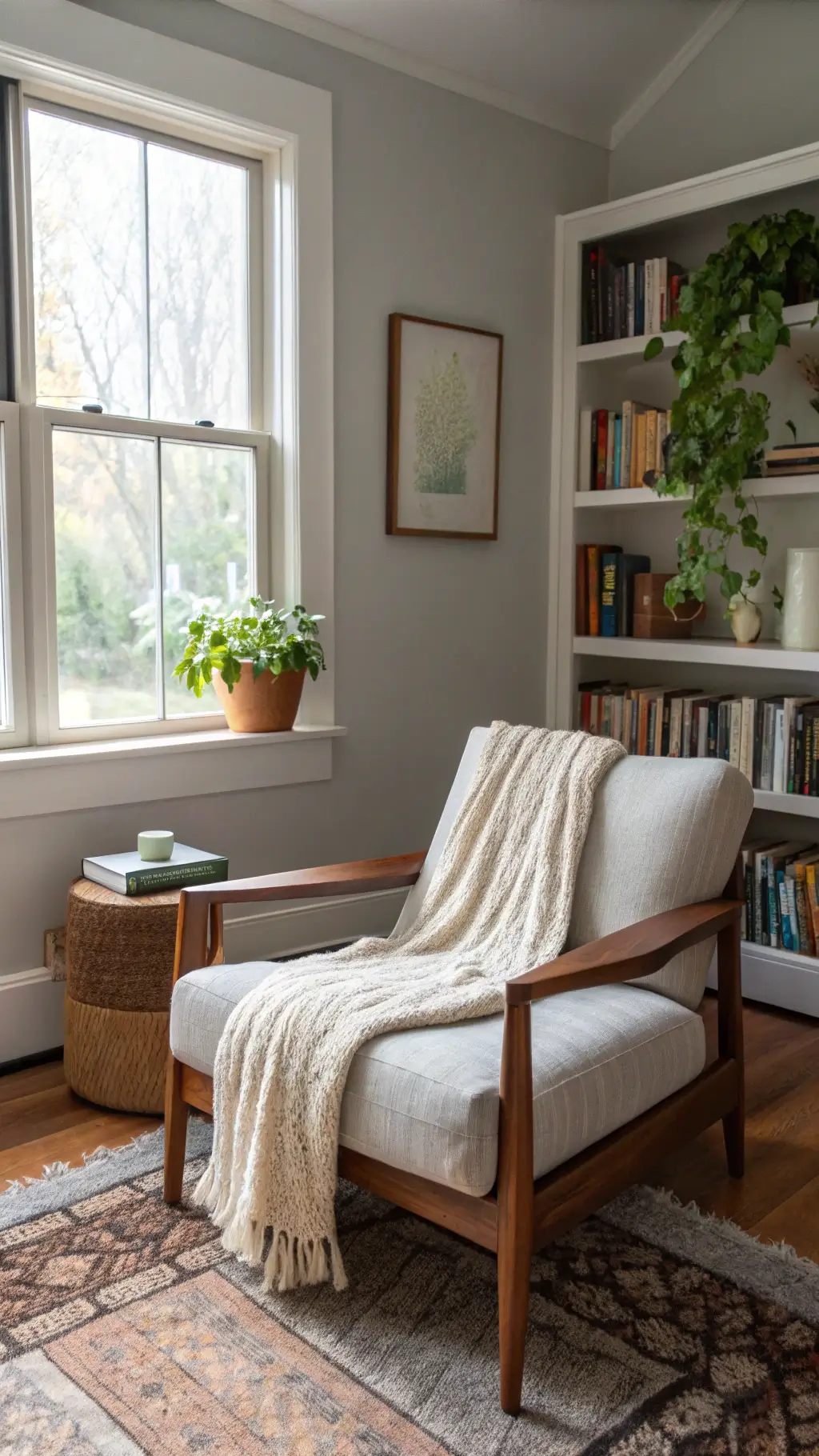Cozy reading nook with Japandi armchair, built-in bookshelves, and vintage rug