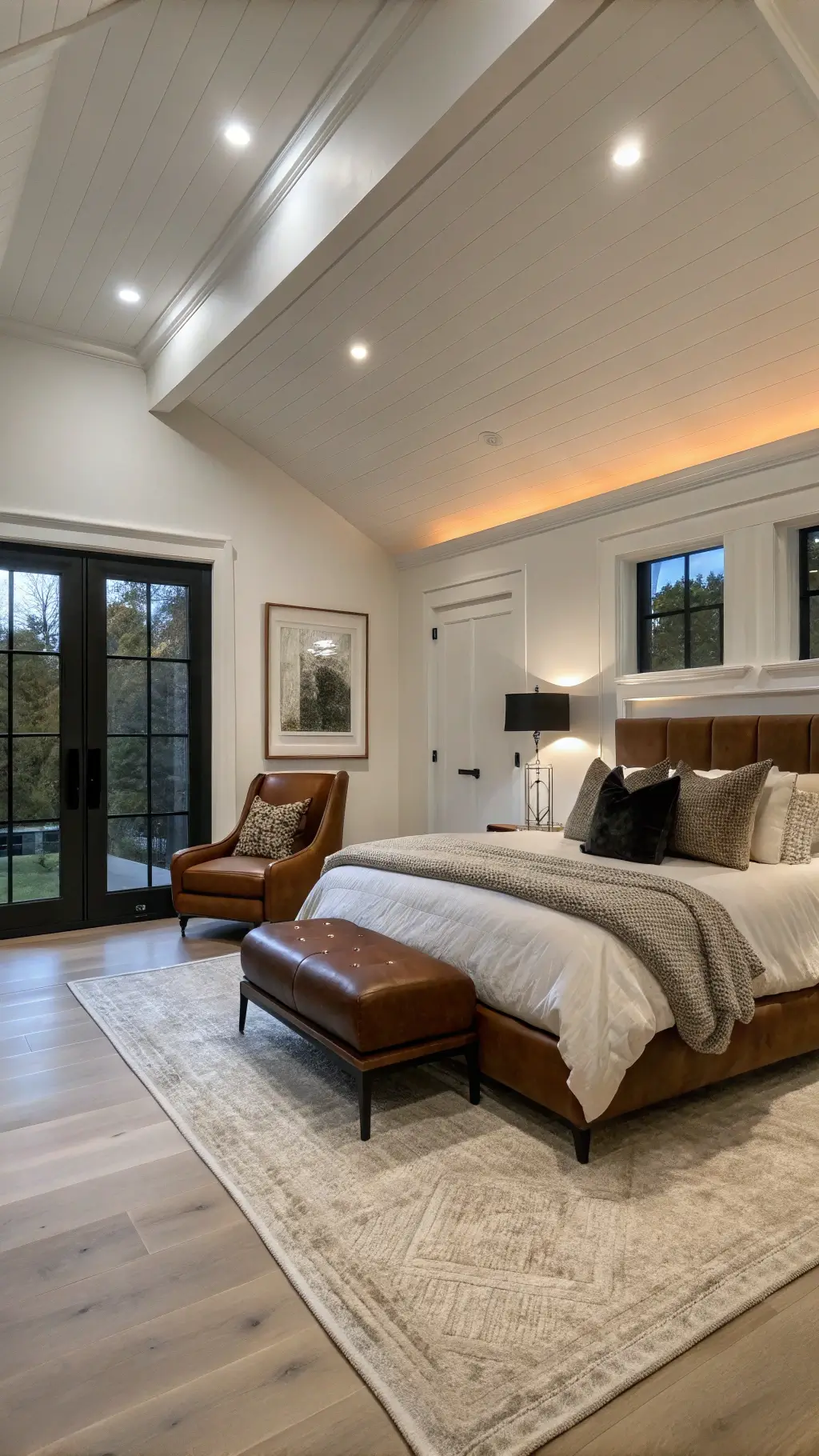 Spacious bedroom with Japandi leather lounger, silk pillows, and Mongolian wool rug
