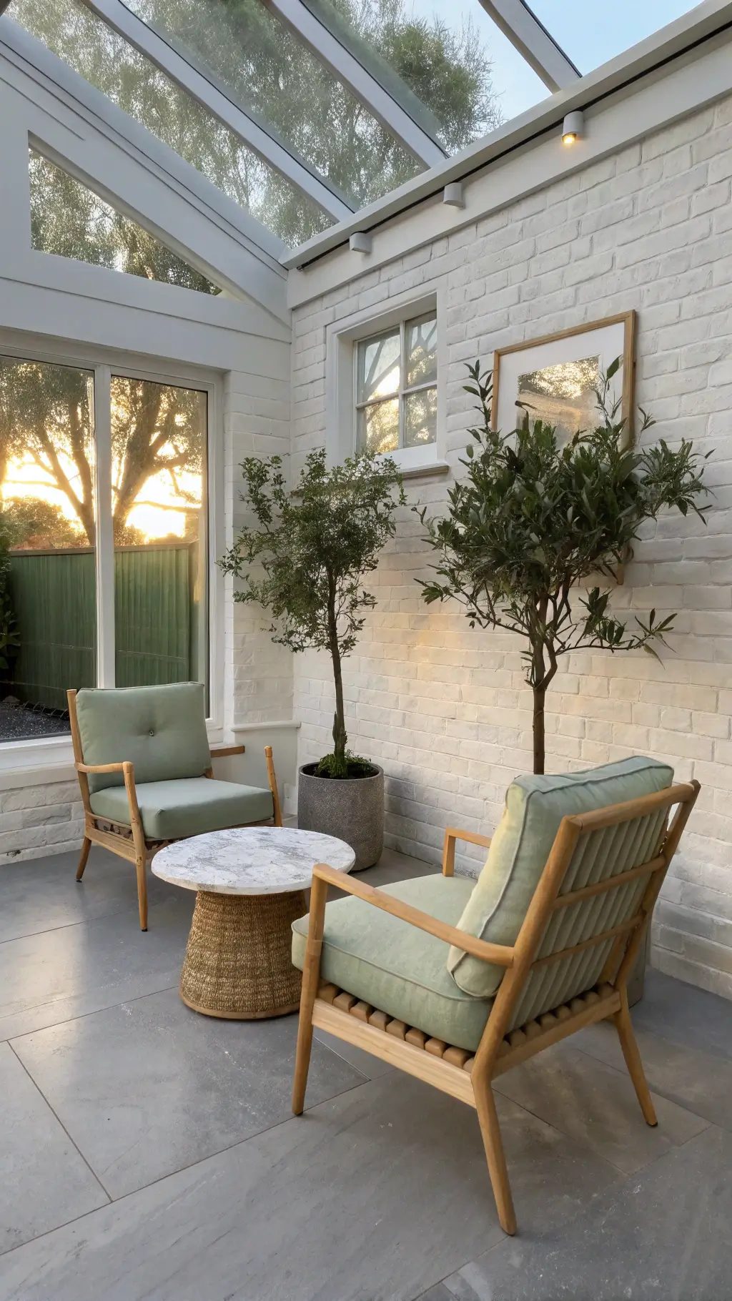 Contemporary sunroom with sage green Japandi chairs and marble table