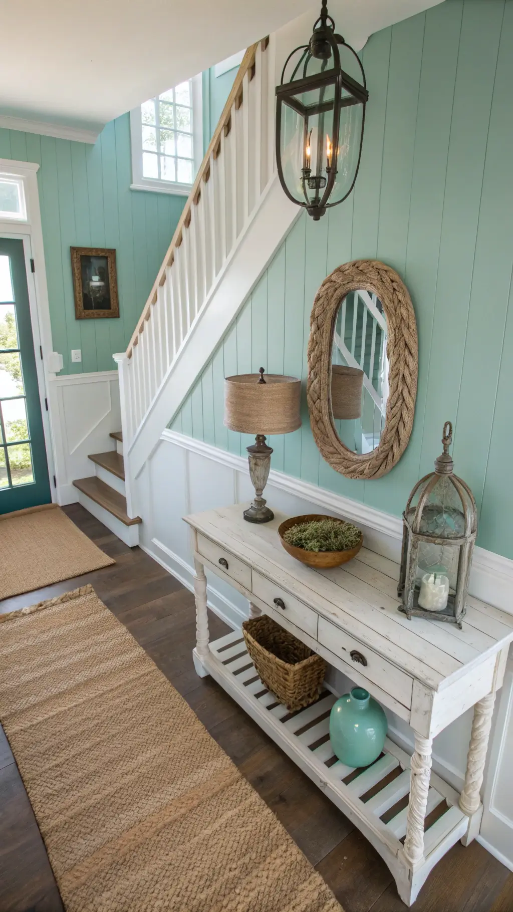 Coastal entryway with turquoise walls, white console, sea glass decor, and jute runner