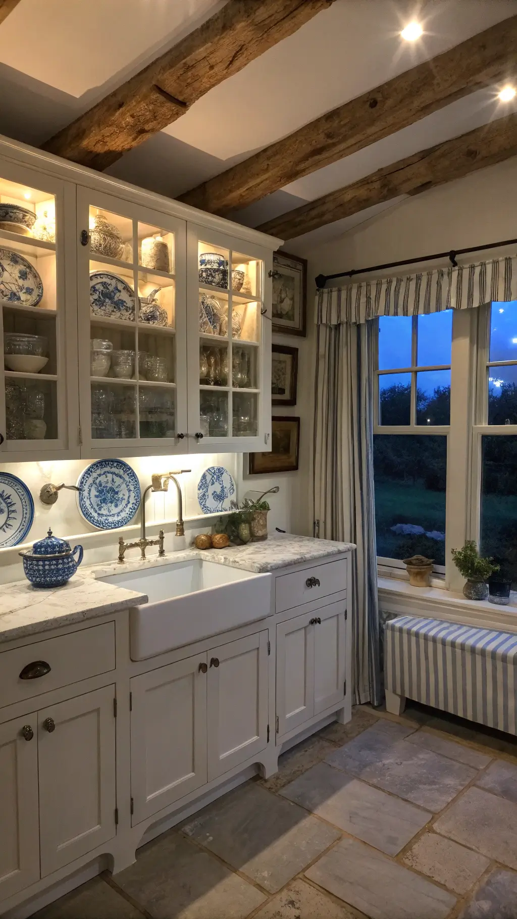 Charming cottage kitchen with wooden beams, white cabinetry, marble counters, and vintage enamelware