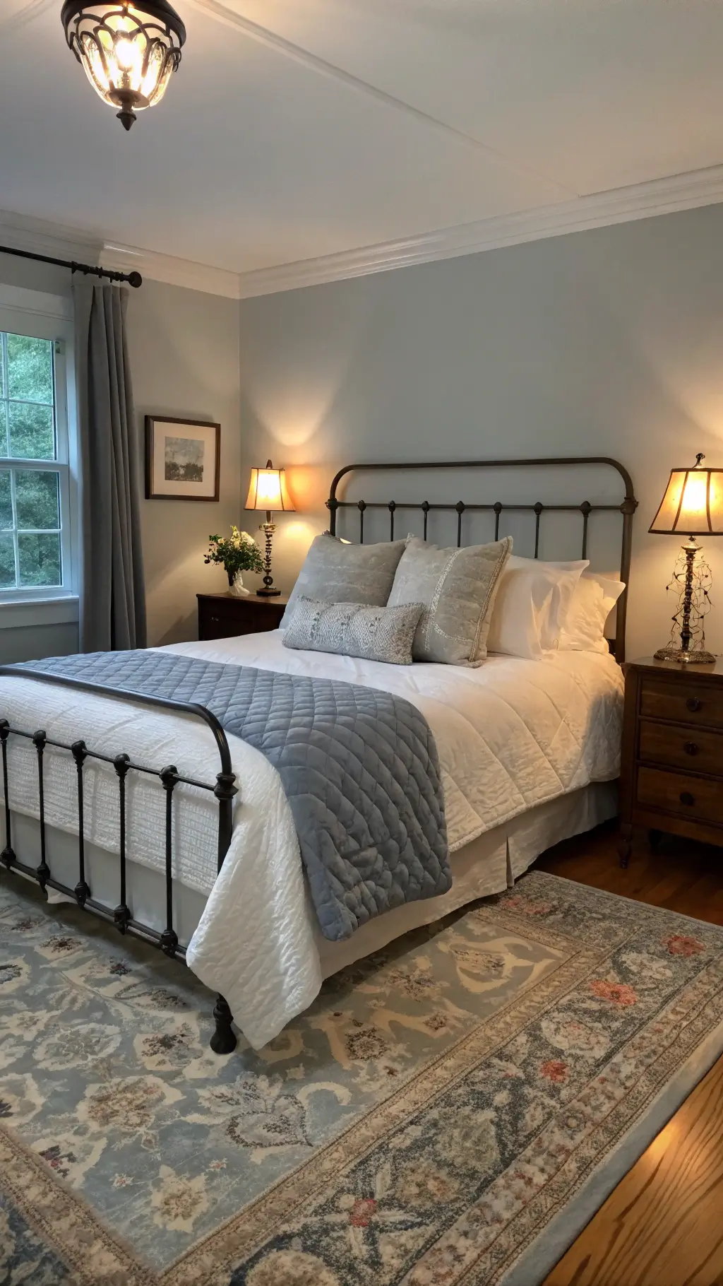 Cozy small guest room at dusk with warm ambient lighting, iron-frame queen bed with French blue headboard, layered white cotton sheets, textured pillows, and a vintage Persian rug on pale gray walls.