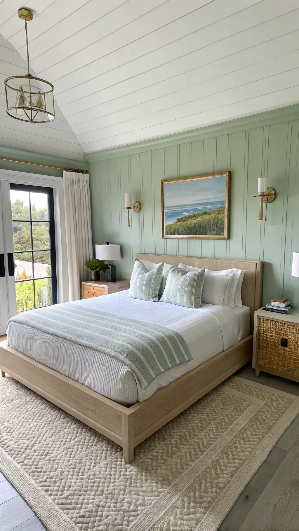 Modern guest suite bathed in morning light, featuring a bleached oak platform bed, sage green accent walls, minimalist brass sconces, abstract landscape art, and a welcome basket on a lucite side table.