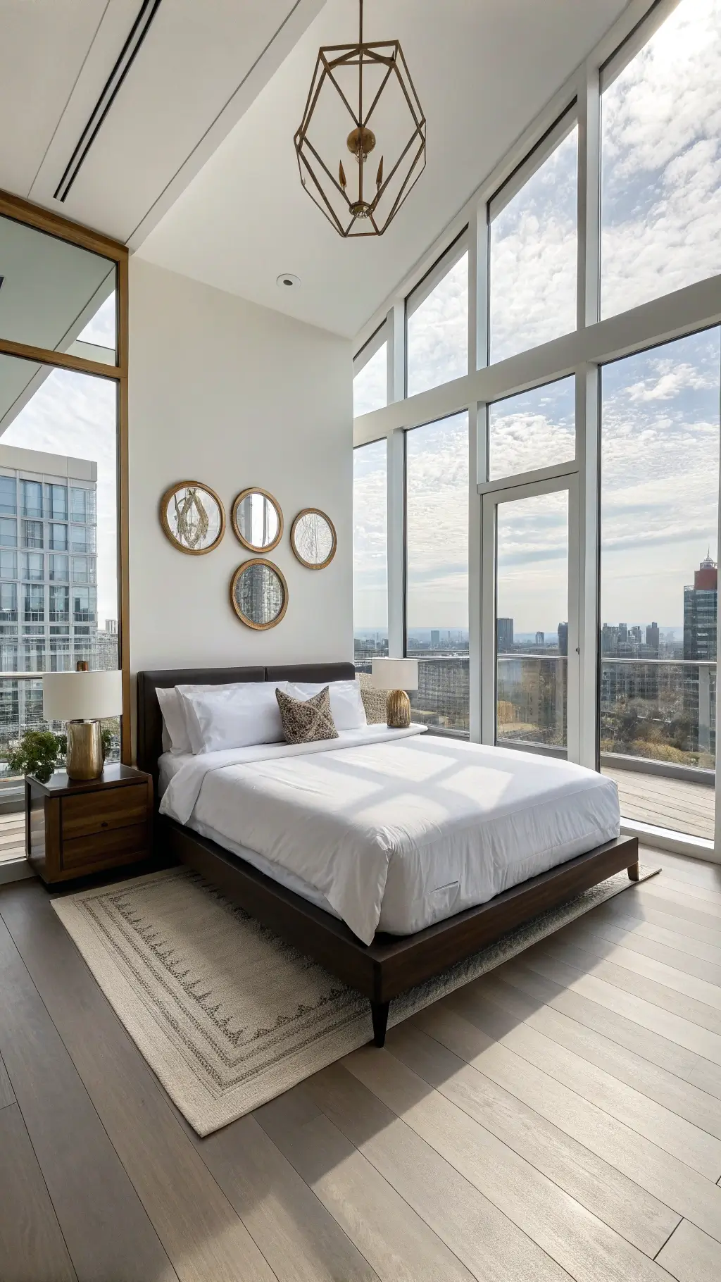 Bright contemporary guest room with floor-to-ceiling windows, white linen curtains, dark walnut platform bed, blonde wood flooring, geometric brass mirrors, and matching nightstands.