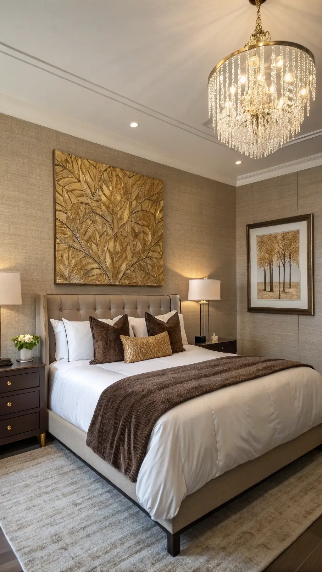Luxurious guest suite with greige grasscloth wallpaper, king bed with white linens, chocolate brown cashmere throw, gold leaf abstract art, and crystal chandelier under mixed lighting.
