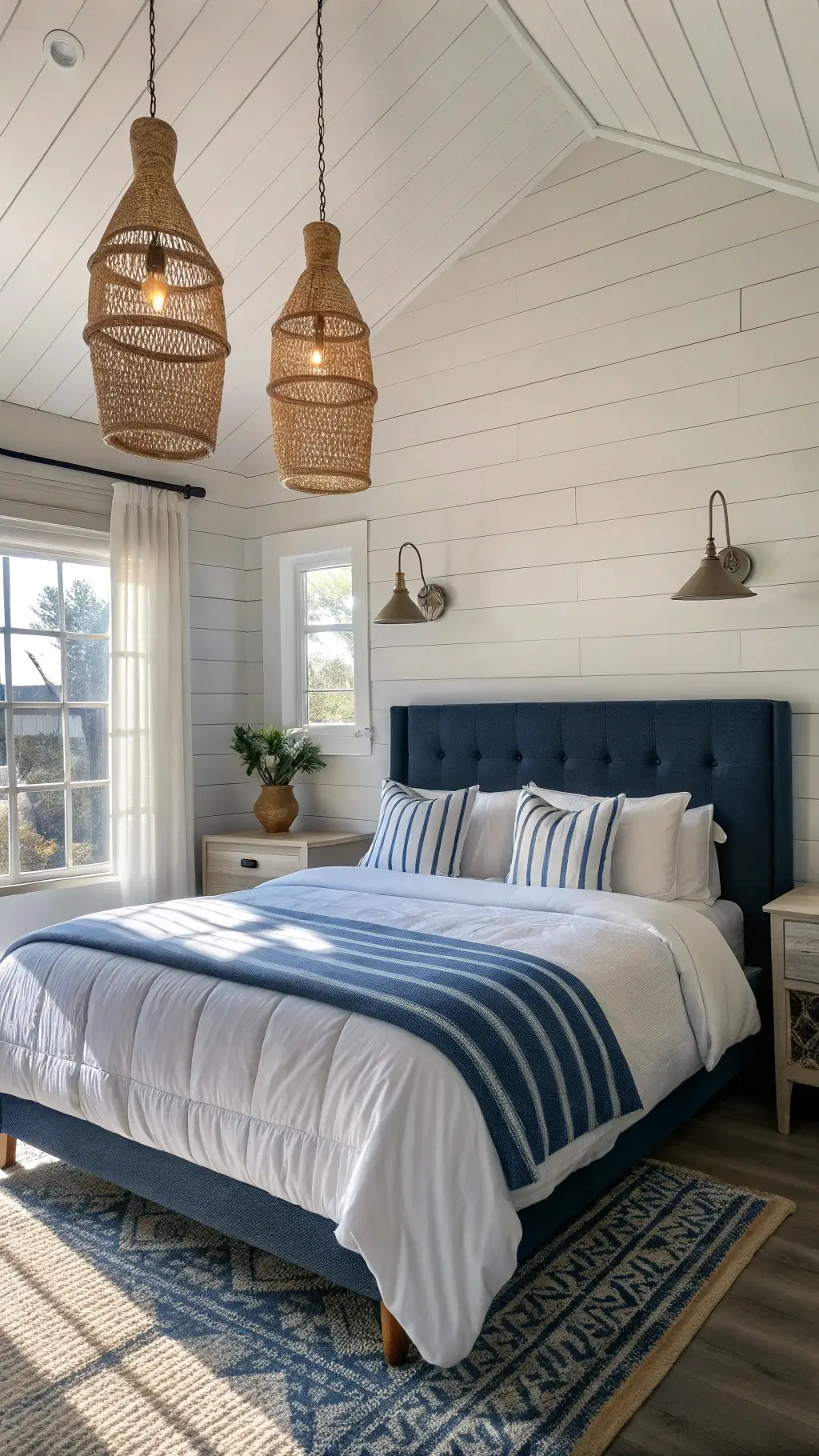 Coastal-themed guest room with shiplap accent wall, navy upholstered headboard, layered bedding, and rattan pendant lights in soft morning light.