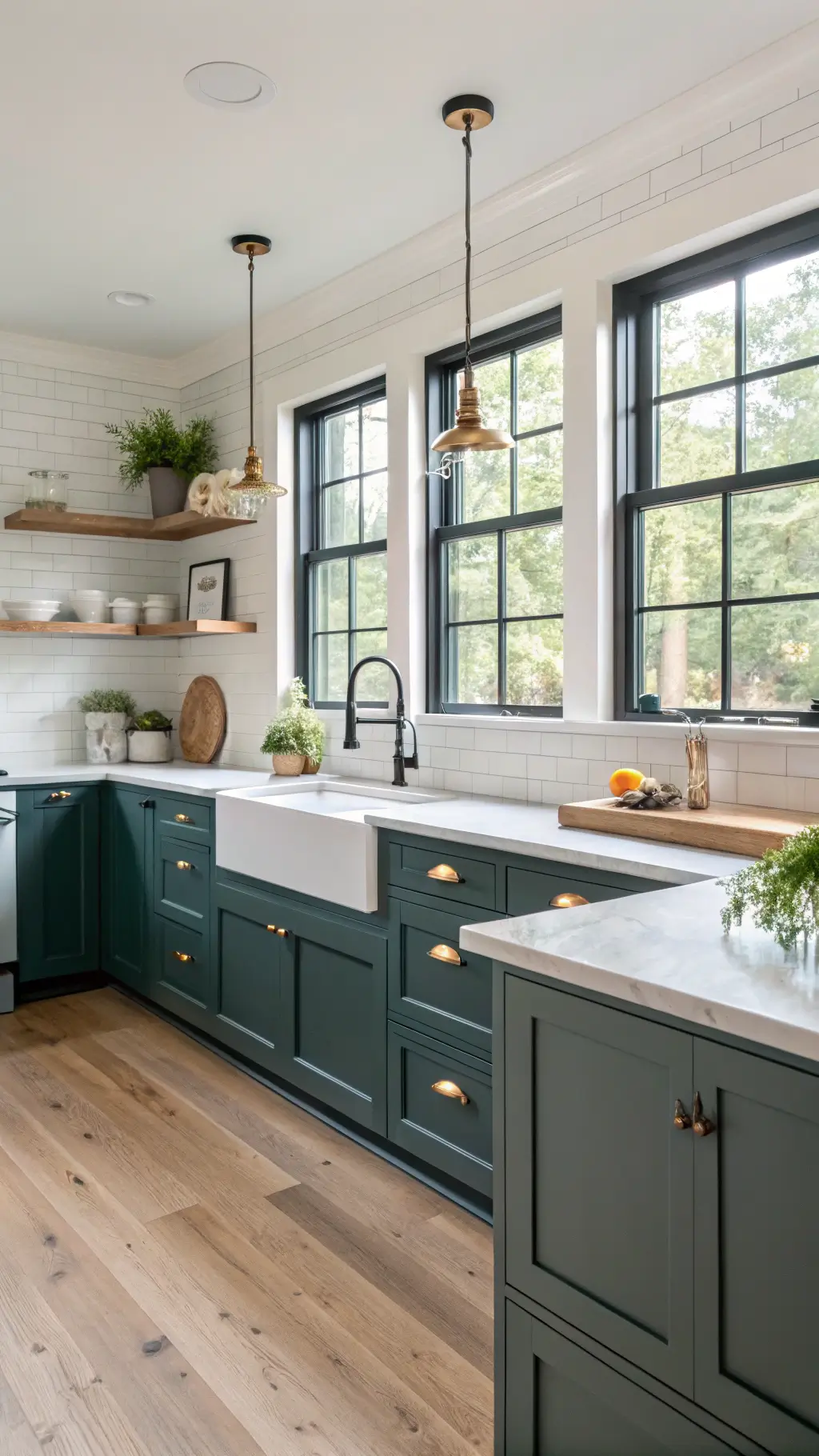 Two-Tone Dark Green Kitchen Cabinets