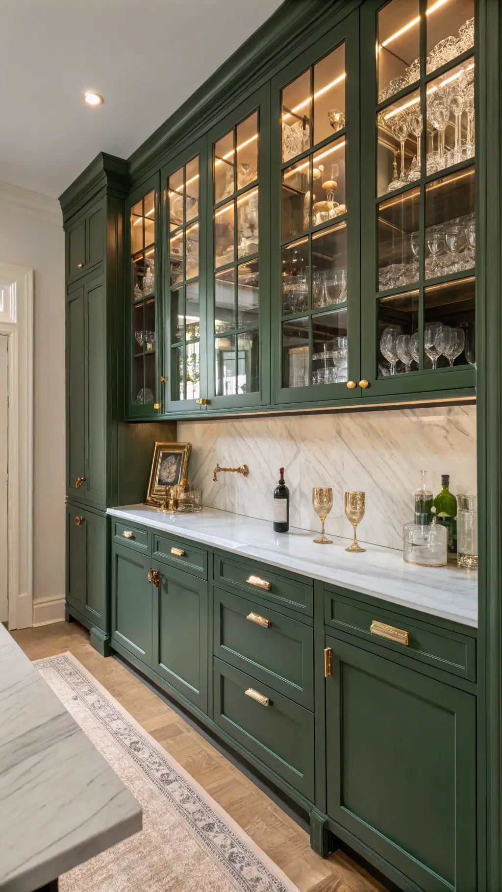 Dark Green Cabinets with Gold and Copper Accents