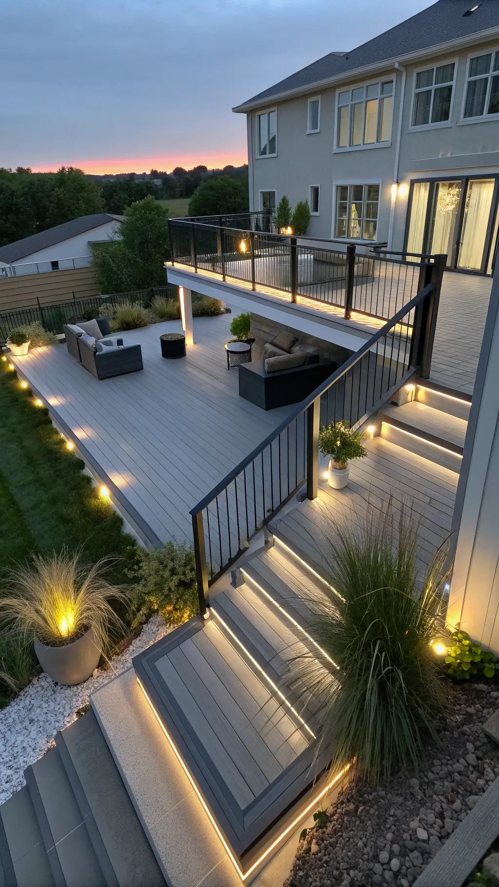 Modern deck illuminated with sleek LED handrail lights and minimalist outdoor furniture