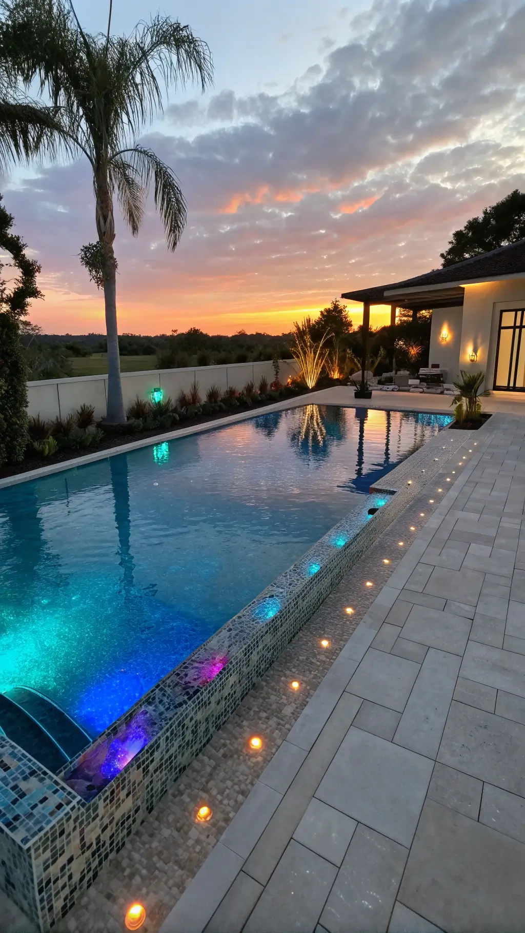Contemporary pool area illuminated with color-changing LED lights and fire feature