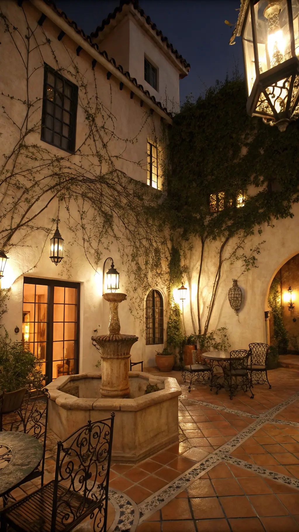 Mediterranean courtyard lit with warm spotlights and string lights