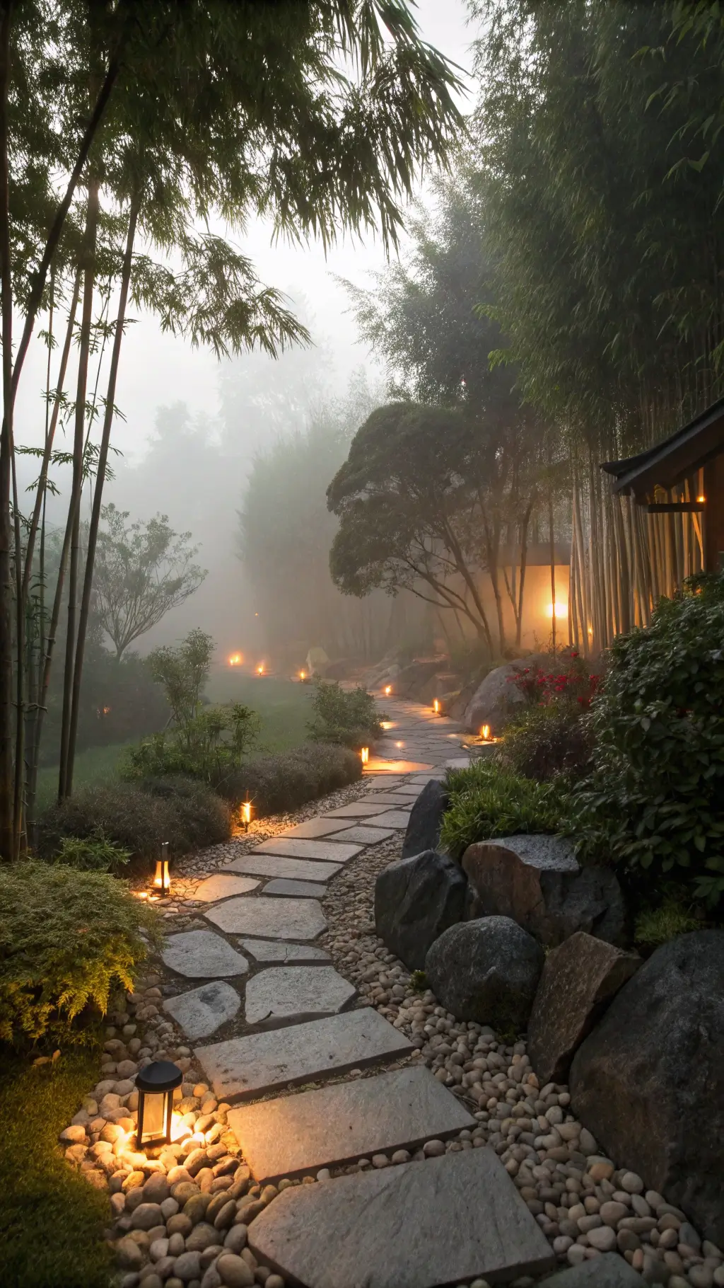 Zen garden pathway with illuminated granite stepping stones and bamboo grove