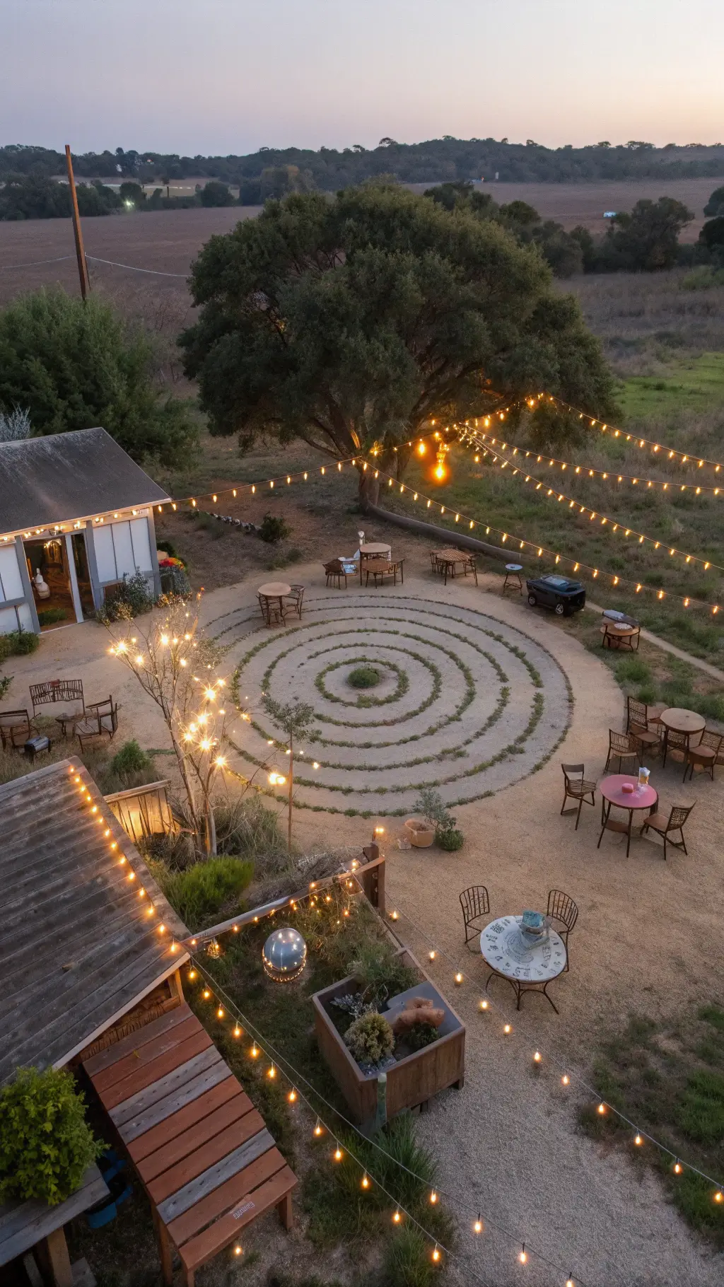 Rustic farmhouse backyard illuminated by hanging market lights and mason jar path lights