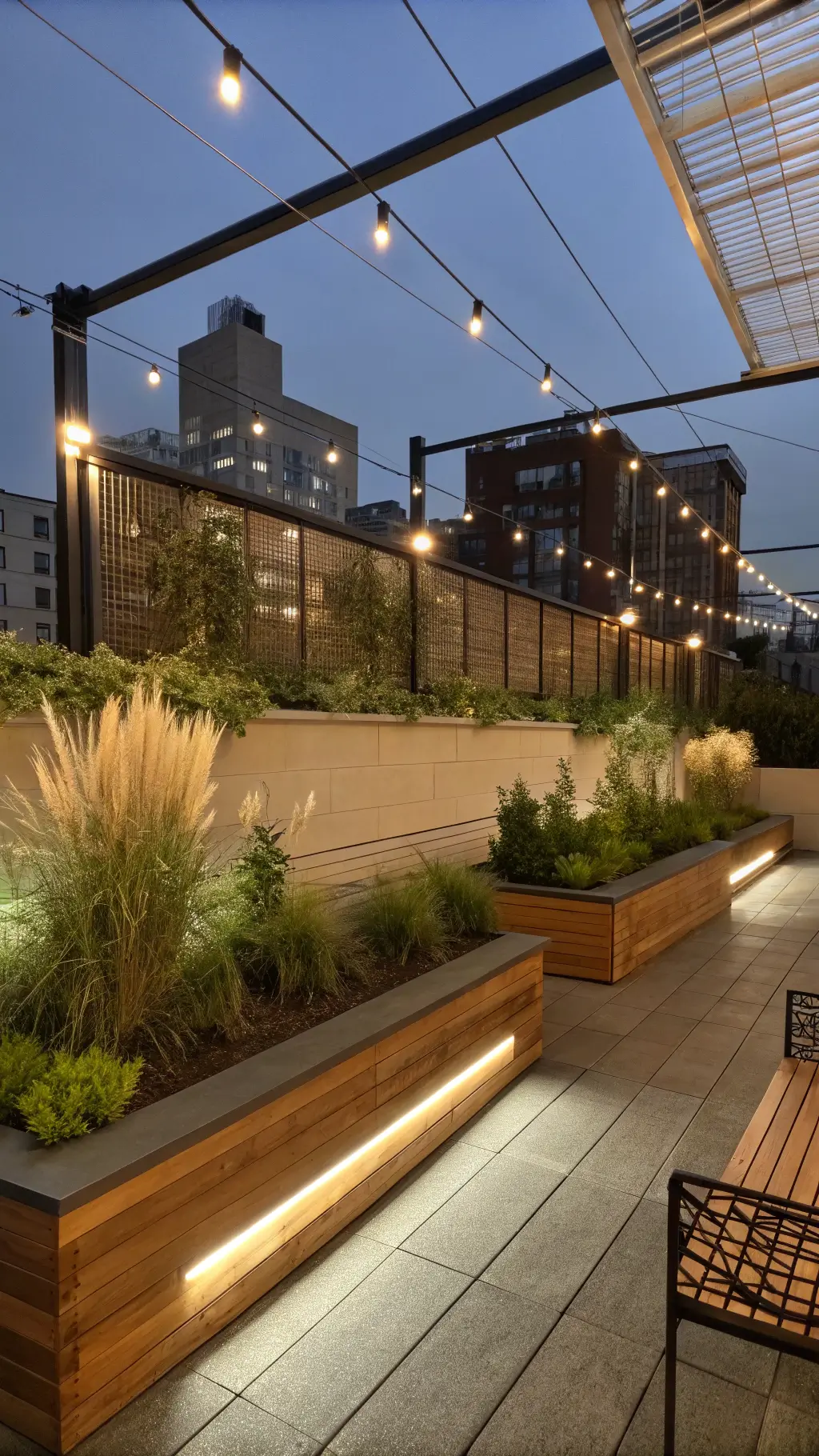 Urban rooftop garden at night with glowing LED bench and pendant lights