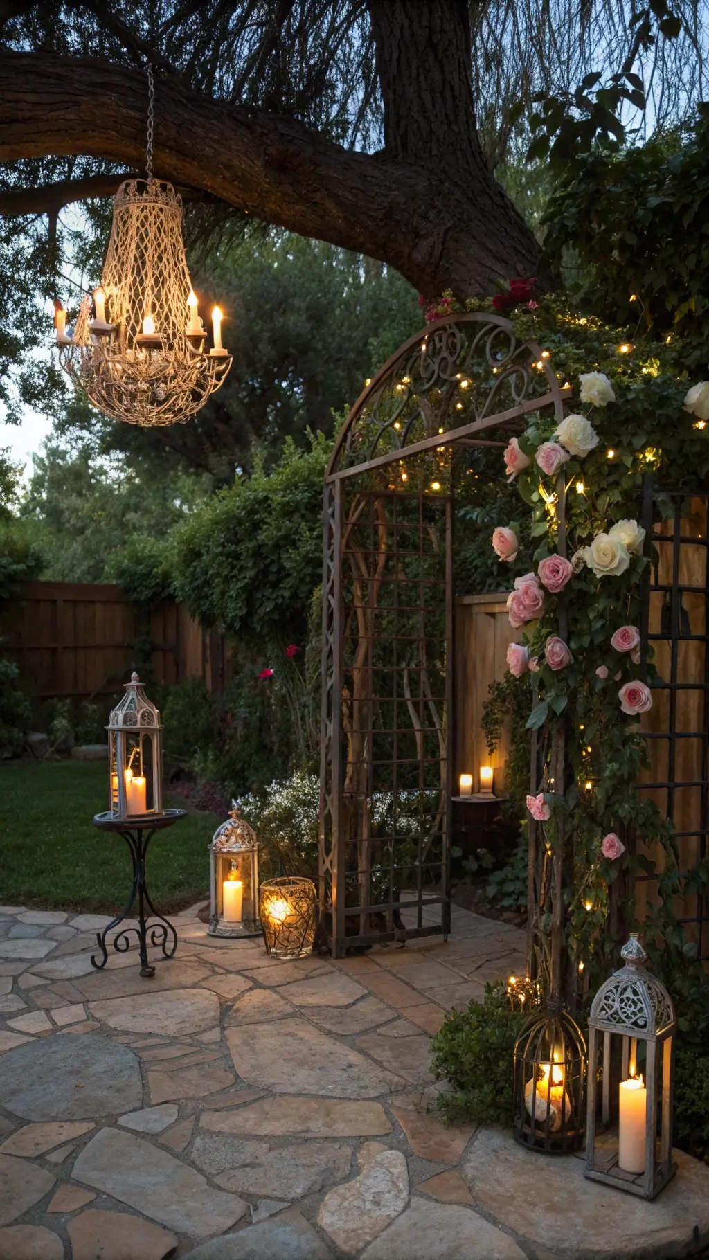 Cozy garden nook with twinkle lights, vintage chandelier, and candle lanterns
