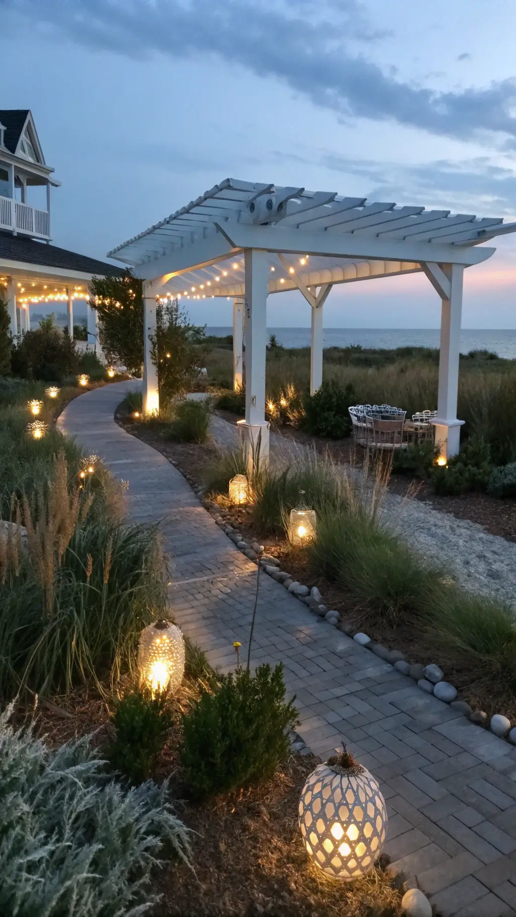 Cottage garden with illuminated teak furniture and shell pathways