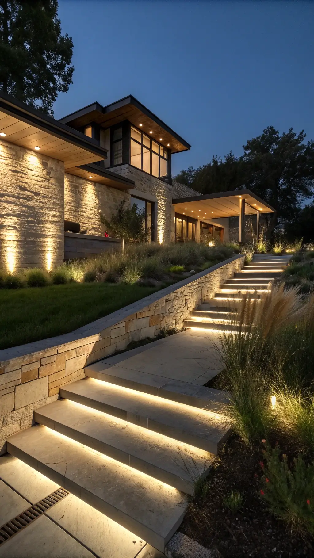 Nighttime prairie-style landscape with backlit native grasses and LED-lit concrete steps