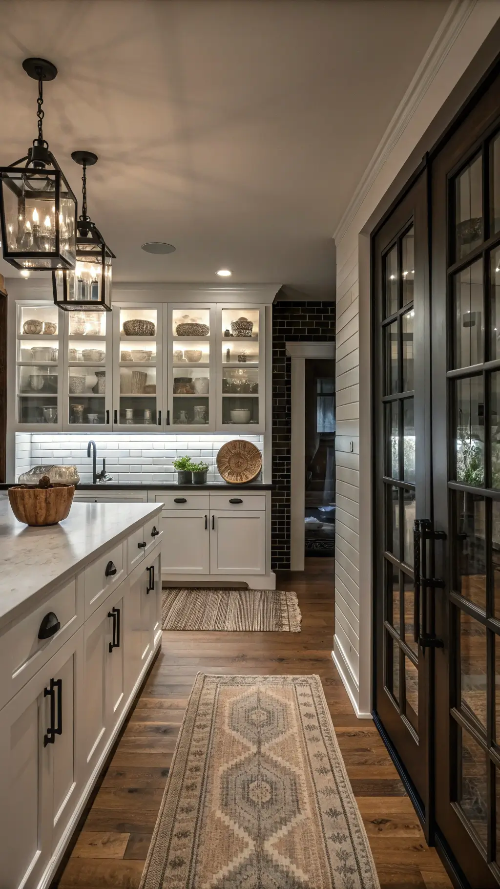 Spacious Farmhouse Kitchen Spacious farmhouse kitchen with white cabinets, butcher block island, exposed brick, and black iron accents
