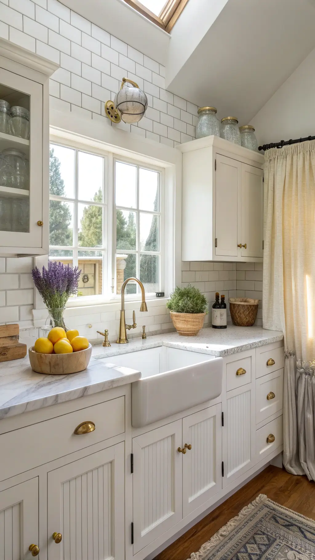 Bright Farmhouse Kitchen Bright farmhouse kitchen with white beadboard cabinets, marble countertops, and fresh lavender centerpiece