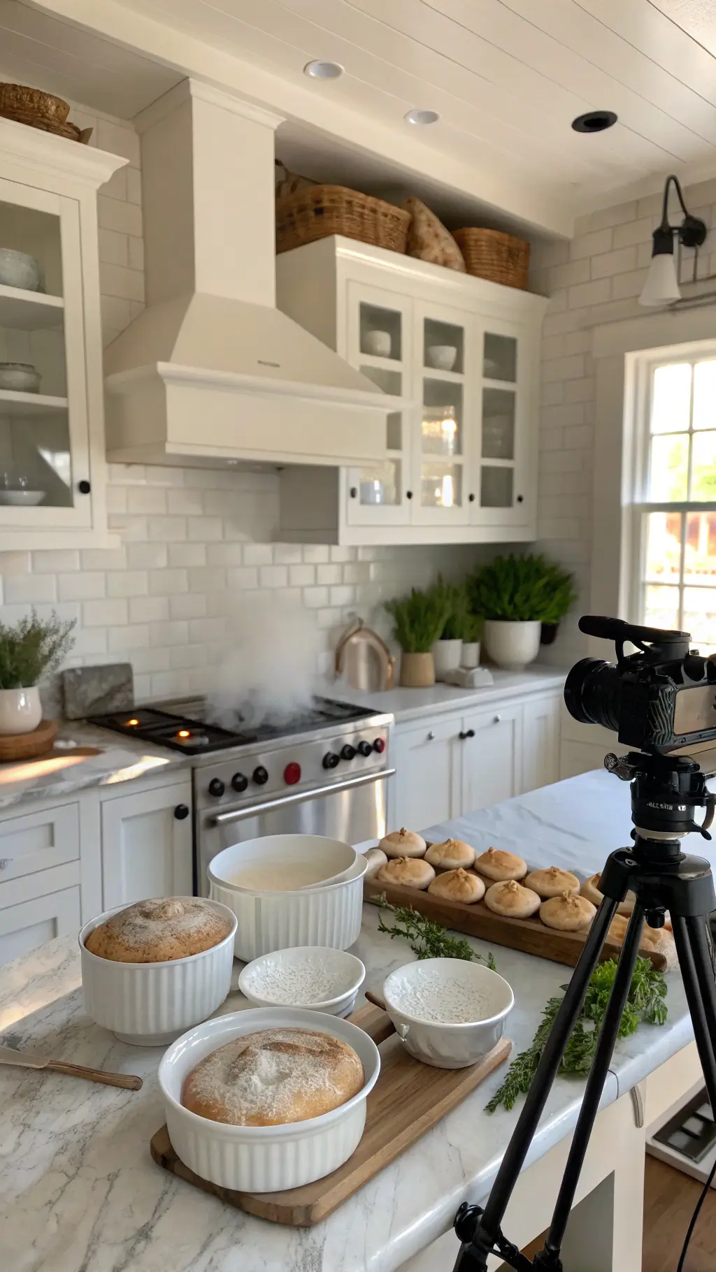 Farmhouse Kitchen Details Farmhouse kitchen with white raised-panel cabinets, Carrera marble counters, and open shelves with fresh bread