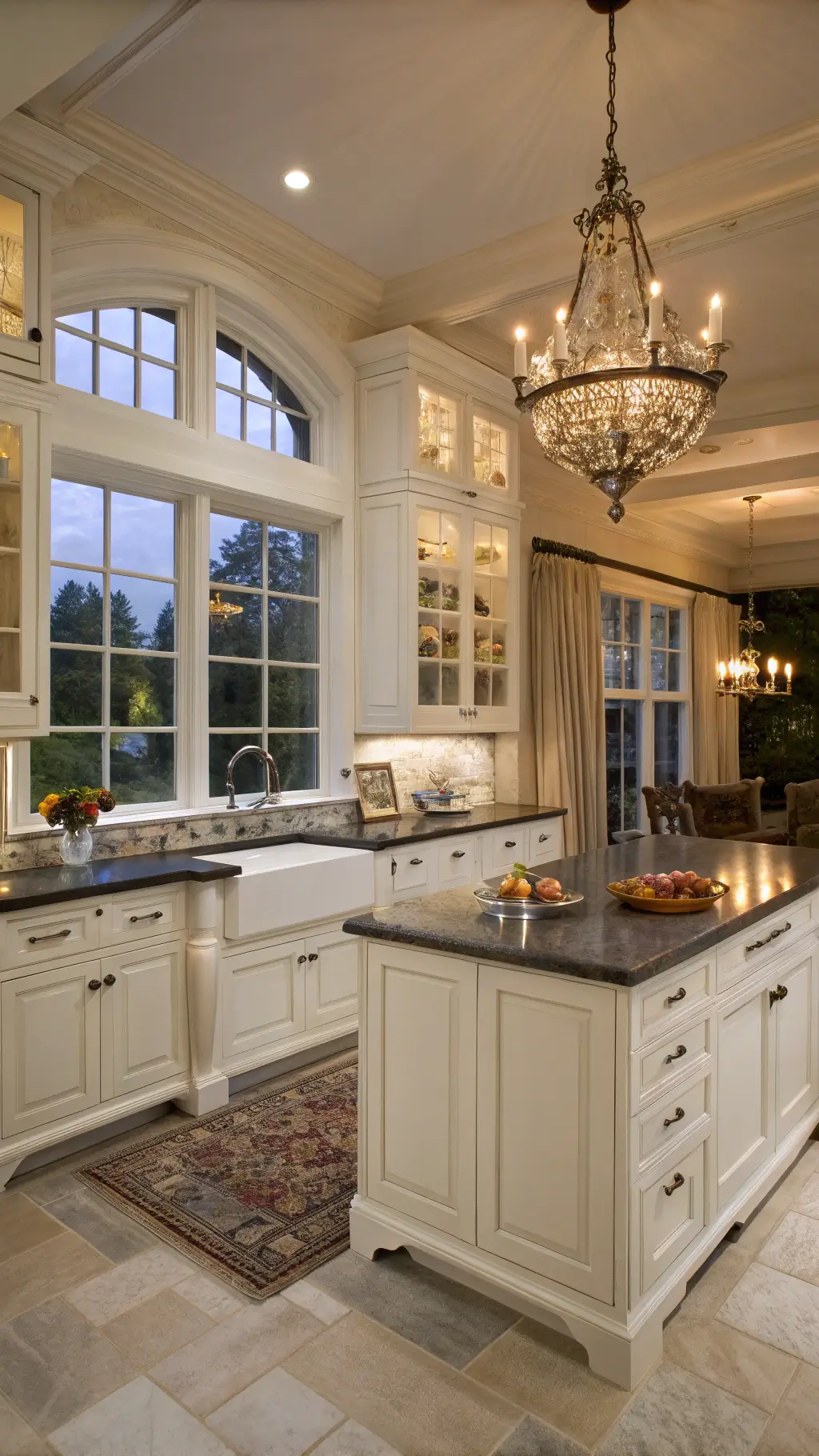 Grand Farmhouse Kitchen Grand farmhouse kitchen with white inset cabinets, soapstone counters, and vintage oil lamps