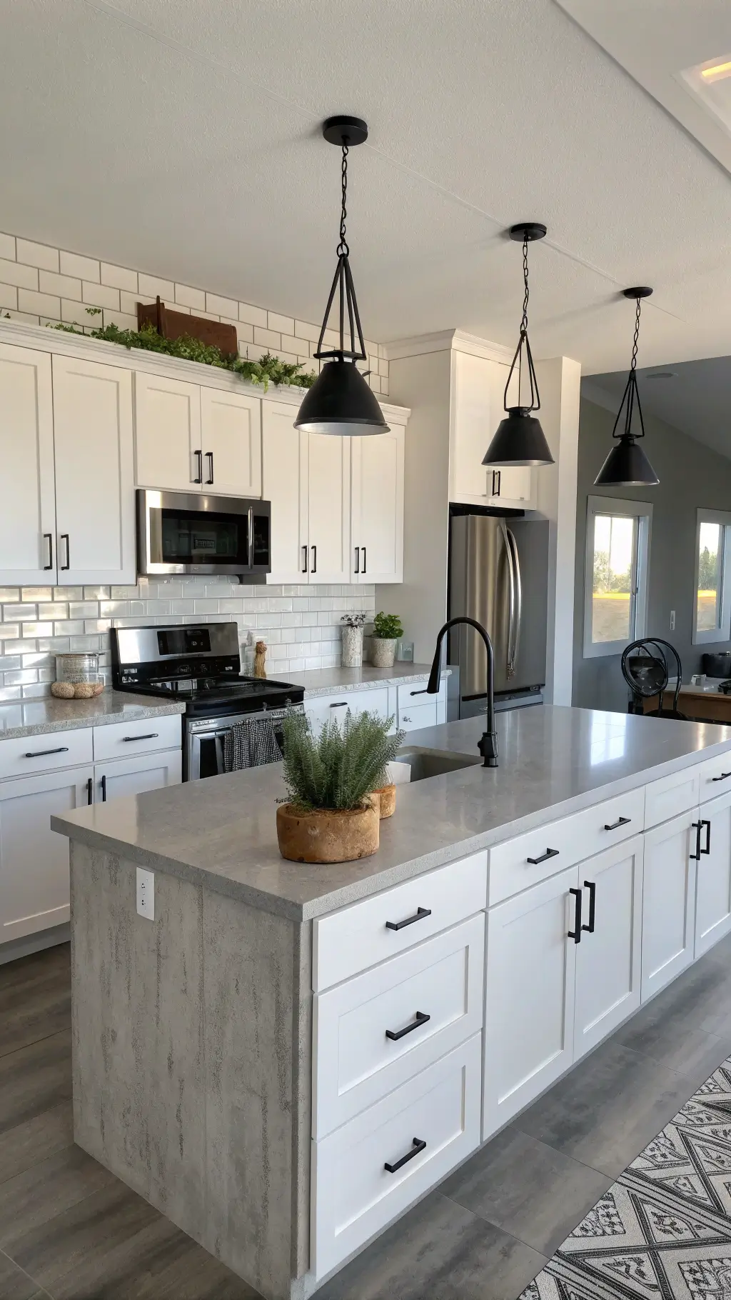 Modern Farmhouse Kitchen Modern farmhouse kitchen with minimalist white cabinets, concrete countertops, and industrial pendant lighting