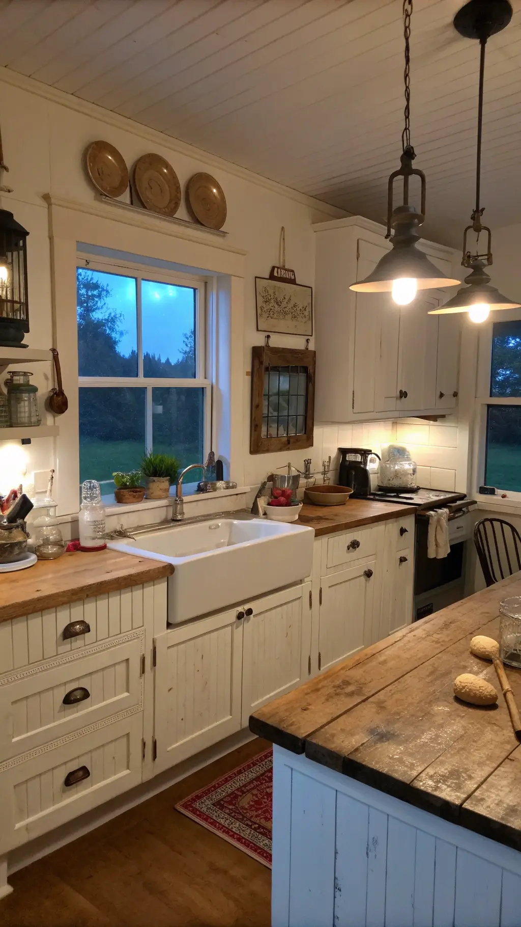Cozy Farmhouse Kitchen Cozy farmhouse kitchen at twilight with distressed white butcher block and vintage accessories