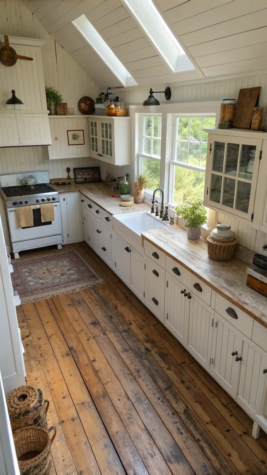 Rustic Farmhouse Kitchen Rustic farmhouse kitchen with white beadboard cabinets, antique pine flooring, and woven baskets