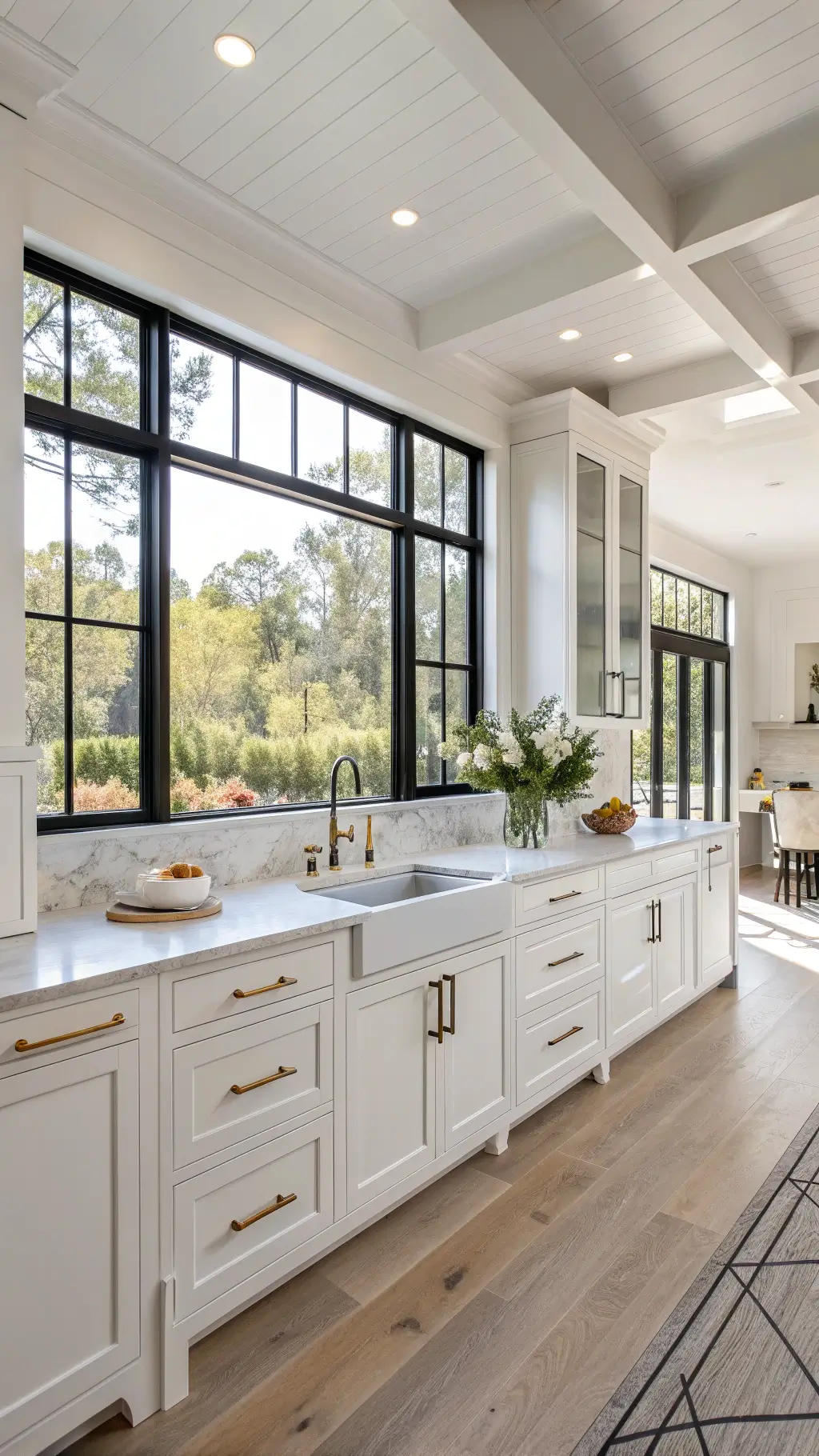 Transitional Farmhouse Kitchen Transitional farmhouse kitchen with white quartzite counters, black steel-framed windows, and modern decor